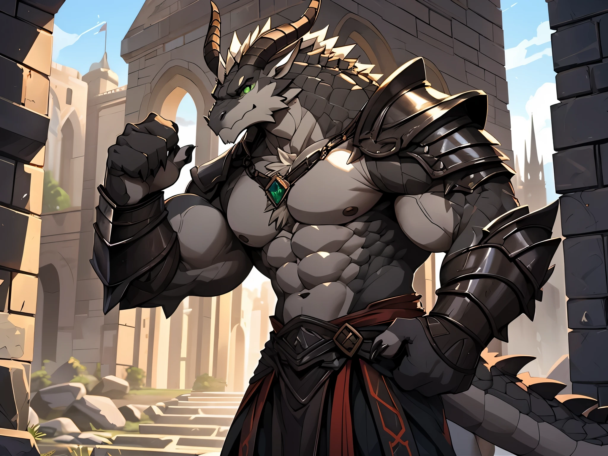 Anthropomorphic dragon male，Highly detailed and muscular chest and abs, Slim biceps and thick forearms, thick neck, Thick gazelle horns，There are obvious rough ridges, Large, heavy hands with sharp black claws, green eyes, black and grey, Stand on the Stone Brick Forum, Bare chest, Naked arms, heavy metal armor, Serious expression