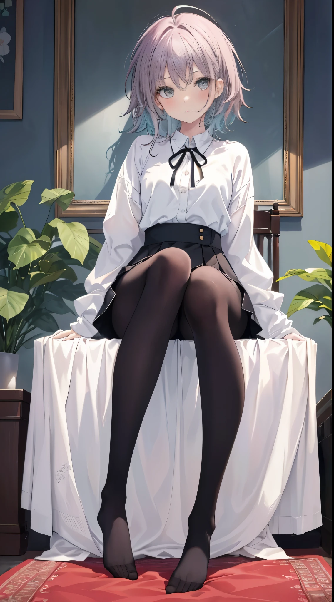 finest, masterpiece, High resolution, (Full body view from head to toe), front, frontやや下からの構図, Symmetrical, 18 year old tall girl, alone, (whole body from head to toe), (small breasts), messy hair, bangs, (black tights), (black pantyhose), (sitting with legs spread apart), (squating pose), (composition showing white panties), (Her legs are spread open and her white panties are visible.), made to sit with legs spread, (M-shaped legs), Slender legs, A very beautiful and tall 18 year old girl, (not wearing shoes), blush, shy big eyes, looking at camera