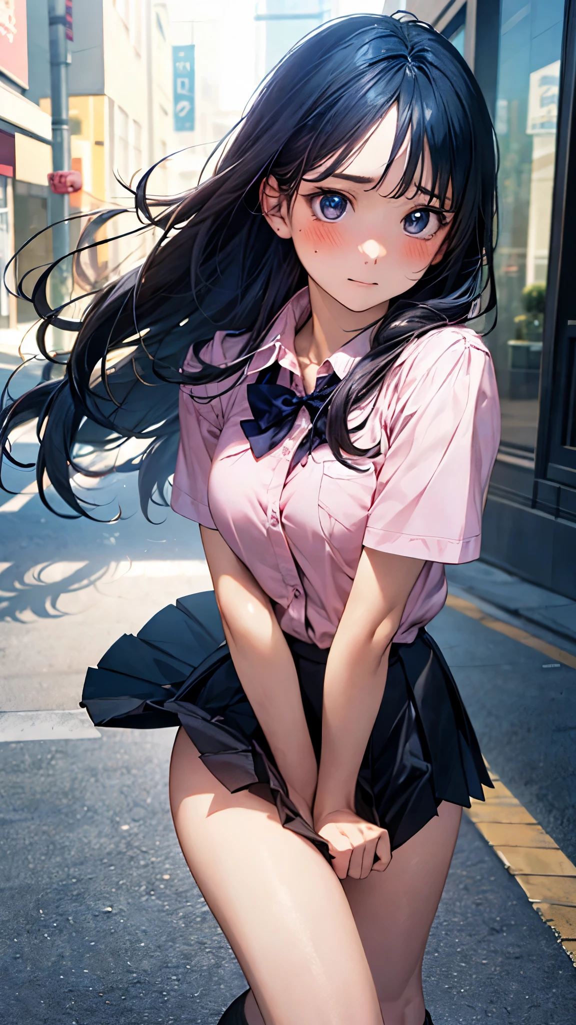 (masterpiece:1.2, top-quality), (realistic, photorealistic:1.4), beautiful illustration, (natural side lighting, movie lighting), , 
(looking at viewer), 1 girl, japanese, high school girl, perfect face, cute and symmetrical face, shiny skin, , 
(long hair, straight hair, blue hair), swept bangs, light blue eyes, drooping eyes, long eye lasher, (large breasts:0.6), five fingers, 
beautiful hair, beautiful face, beautiful detailed eyes, beautiful clavicle, beautiful body, beautiful chest, beautiful thighs, beautiful legs, 
((symmetrical clothing, pink collared shirts, black pleated skirt)), red bow tie, navy socks, 
(beautiful scenery), day time, shopping mall, (facing the front), (impatient expression, blushing cheeks, embarassed expression), (((skirt tug, wind lift))), 