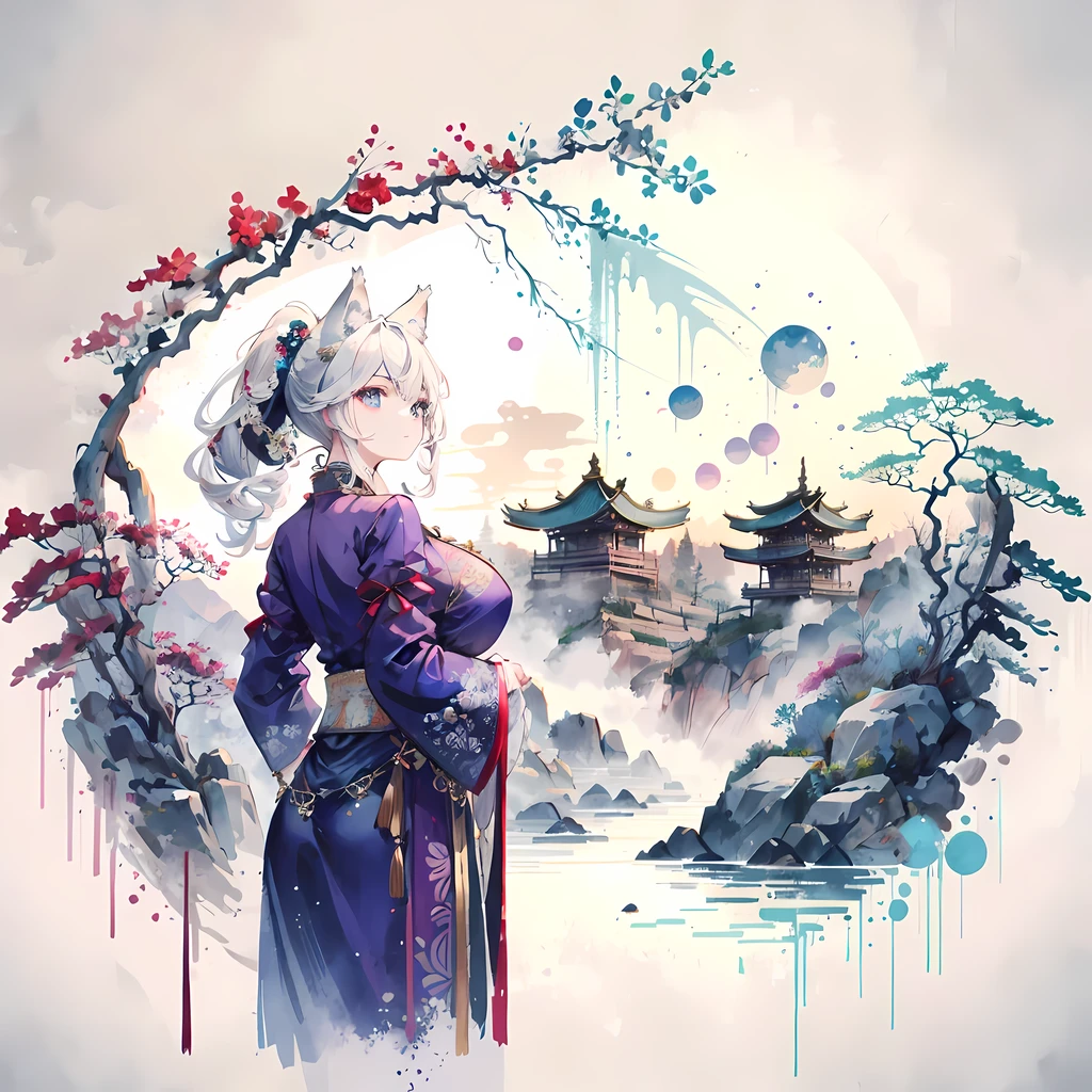 4K,high resolution,a woman,white hair,short ponytail,wolf ears,Wolf's tail,blue eyes,huge breasts,Empress of ancient China,Bright purple cheongsam,Chinese royalty