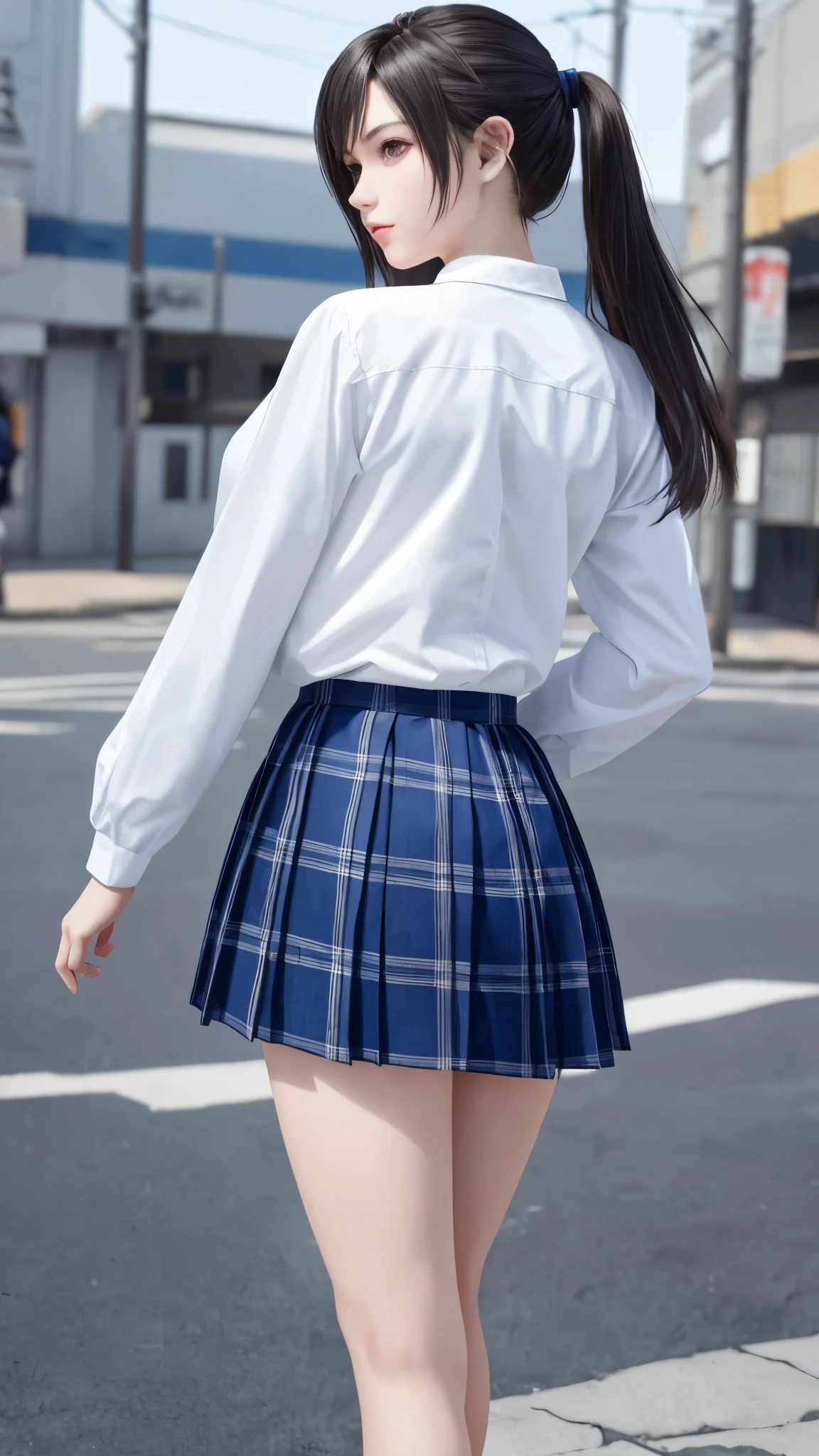(top quality, masutepiece: 1.1), (Realistic: 1.3), (photoRealistic: 1.3),wallpapers, BREAK (((FF7,Tifa_lockhart))),behind view:1.3,(((winter,Japan jk uniform,White long-sleeved shirt,Navy Blue Plaid Pleated mini-Skirt,Dark blue short socks,loafers))),(background big city,shibuya:1.1,winter:1.3,neon:1.2,wet),(gravure pose:1.3,nogizaka idol),Ultra-detailed face, Detailed eyes,Red eyes, BREAK (((FF7,Tifa_lockhart))),(black brown hair, Large breasts: 1.2), BREAK , About 18 years old,kawaii,(calf focus:1.2,back hair:1.2),sensual,looking away:1.2,Beautiful legs,walking,full body