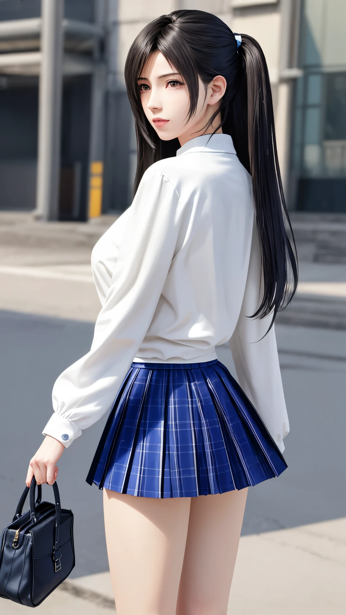 (top quality, masutepiece: 1.1), (Realistic: 1.3), (photoRealistic: 1.3),wallpapers, BREAK (((FF7,Tifa_lockhart))),behind view:1.3,(((winter,Japan jk uniform,White long-sleeved shirt,Navy Blue Plaid Pleated mini-Skirt,Dark blue short socks,loafers))),(background big city,shibuya:1.1,winter:1.3,neon:1.2,wet),(gravure pose:1.3,nogizaka idol),Ultra-detailed face, Detailed eyes,Red eyes, BREAK (((FF7,Tifa_lockhart))),(black brown hair, Large breasts: 1.2), BREAK , About 18 years old,kawaii,(calf focus:1.2,back hair:1.2),sensual,looking away:1.2,Beautiful legs,walking,full body