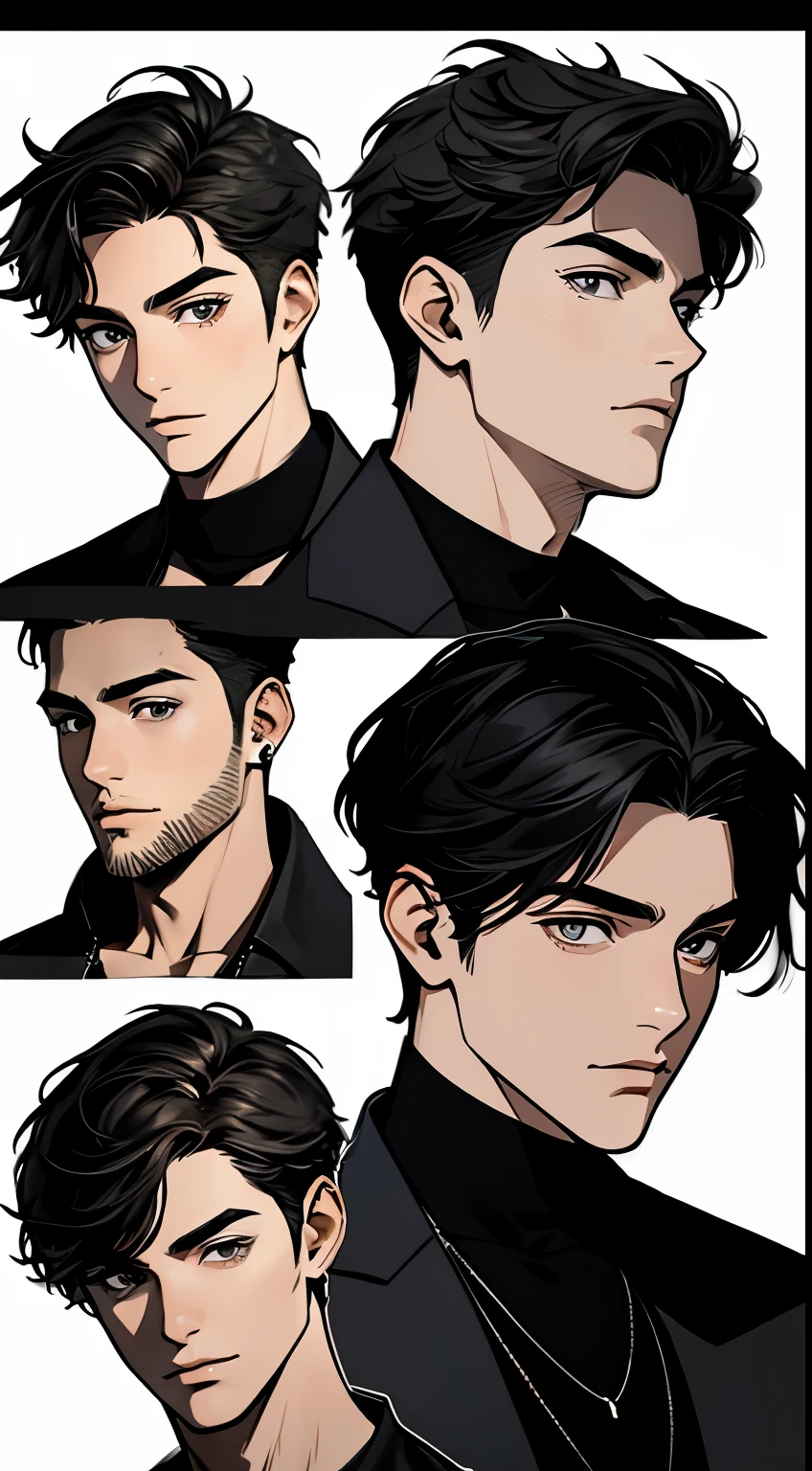 a boy character sheet, head view from different angles, four different angles boy has black hair black eyes , masterpiece, ultra high quality, ultra detailed, ultra detailed eyes and face, detailed black hair, young man in his twenties, focusing on the face
