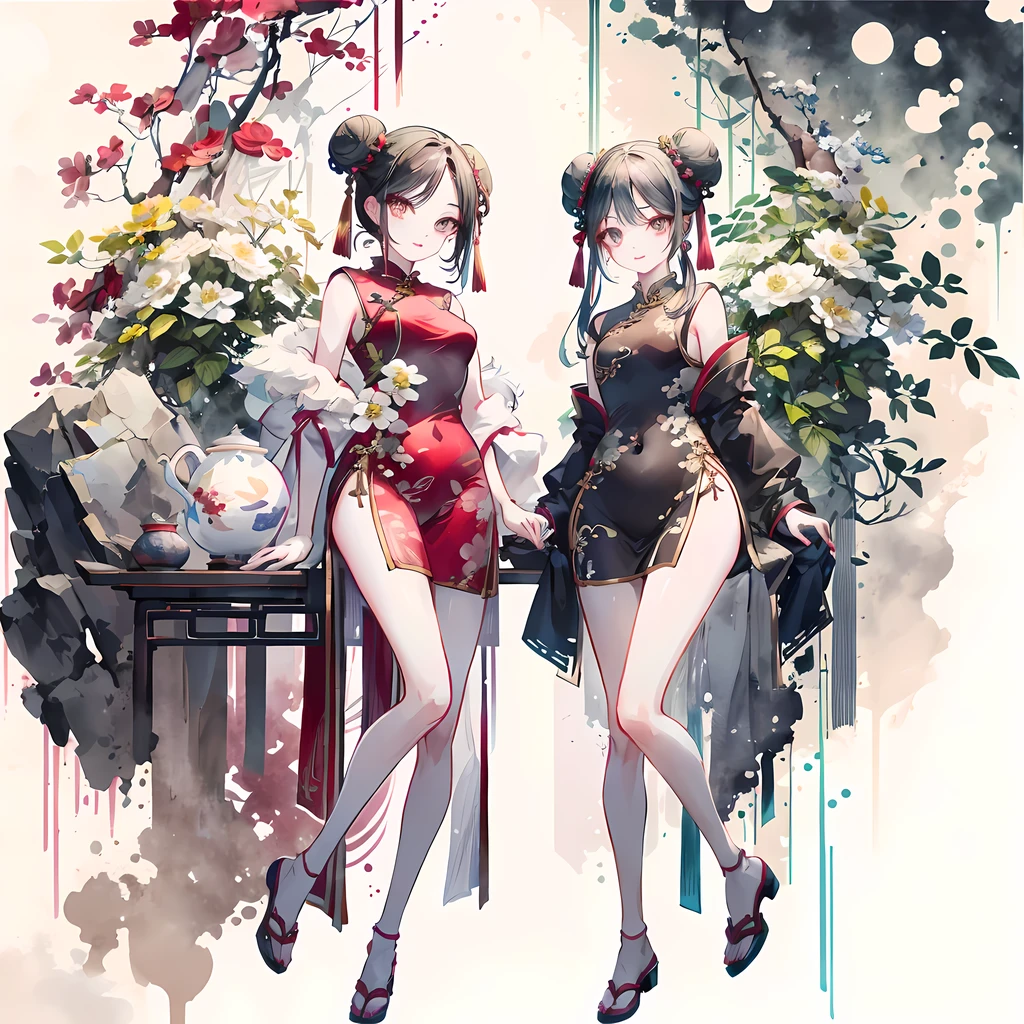 absurd,(​Masterpiece、top quality、8k ),intricate details,Super detailed、a girl、smile slightly、(beautiful face、long eyelashes、slender eyes、hanging,Shiny lips:1.4),((double bun hair:1.4)),((red cheongsam、side slits:1.4)),(Fair and shiny skin:1.3)),thighs thighs thighs thighs,Chinese traditional room、Surreal,perfect anatomy