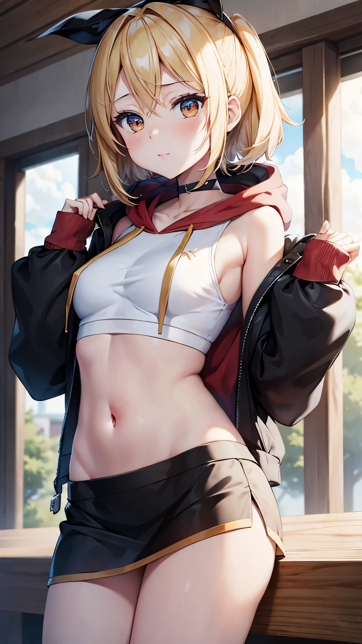 Kagamine rin , 1 girl , wearing a red hooded sweater , white miniskirt with gold horizontal lines , viendo al espectador , bragas visibles , rostro seductor ,(imagen de ultra alta calidad 8k ) obra maestra ( high-definition picture ) , maximum image resolution , ( detalles de la imagen bien definidos )