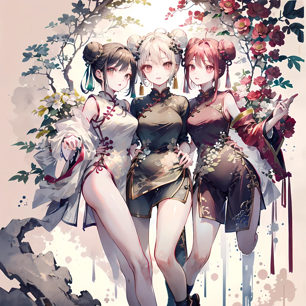 absurd,(​Masterpiece、top quality、8k ),intricate details,Super detailed、a girl、smile slightly、(beautiful face、long eyelashes、slender eyes、hanging,Shiny lips:1.4),((double bun hair:1.4)),((red cheongsam、side slits:1.4)),(Fair and shiny skin:1.3)),thighs thighs thighs thighs,Chinese traditional room、Surreal,perfect anatomy