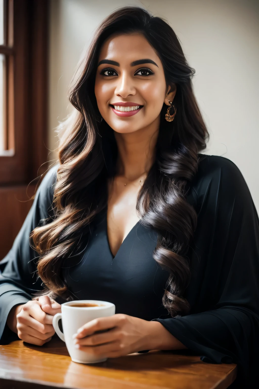 Portrait of A confident-looking indian woman with long flowing hair, at a coffee shop drinking coffee in chicago, hazel eyes, with flowing capes, laughing, perfect composition, hyperrealistic, super detailed, 8k, high quality, trending art, trending on artstation, sharp focus, studio photo, intricate details, highly detailed, art by greg rutkowski