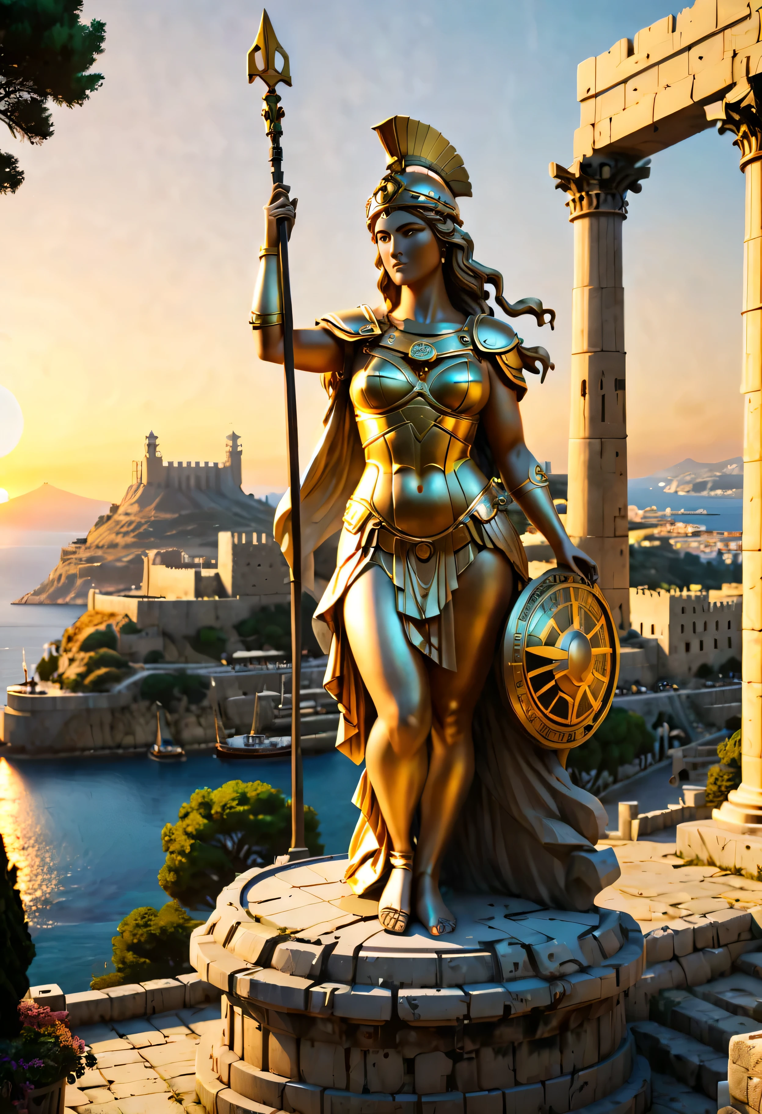 The corner castle terrace overlooks Ancient city of Rhodes with view of the Port, mesmerizing Giant Statue of Goddess Athena bathed by Sunset light,((golden hour time):1.2),((Ancient City with Port):1.2),((Goddess Athena giant statue):1.1),delicate golden hour light, amazing wallpapers, beautiful surroundings, optimistic matte painting, Beautiful digital artwork, Ancient city background, Beautiful and detailed scenes, UHD underground, UHD landscape, Masjestic concept art, beautiful Ancient City. |(Masterpiece in maximum 16K resolution), the best quality, (very detailed CG unity 16k wallpaper quality),(Soft colors 16k highly detailed digital art),Super Detailed. | Perfect image,16k UE5,official painting, superfine, Depth of field, no contrast, clean sharp focus, professional, No blurring. | (((More detail))).
