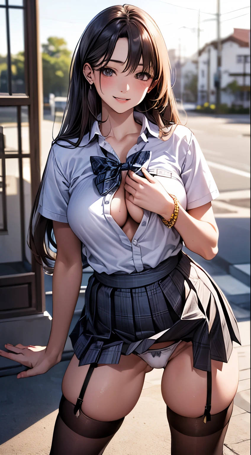 (((25yo, japanese-gyaru))), (((wearing sexy garter belt))), (all fours, ), (large breasts), (large hip), (sexy pose), (((seductive-smile))), nsfw, vulgality, (very tanned shiny skin), fishnet thighhighs, (((skindentation))), photorealistic, realistic, solo, photorealistic, best quality, ultra high res, 1girl, YuraS, outdoor, colorful, parted lips, daytime setting, beautiful, masterpiece, best quality, extremely detailed face, perfect lighting, ultra high res, ultra detailed (masterpiece:1.2, top-quality), (realistic, photorealistic:1.4), beautiful illustration,
looking at viewer, full body, front view:0.6,
1 girl, japanese, high school girl, (long hair:1.5), blown hair, (half up, half updo), bangs, hair between eye, large breasts:0.8,
beautiful hair, beautiful face, beautiful detailed eyes, beautiful clavicle, beautiful body, beautiful chest, beautiful thigh, beautiful legs, beautiful fingers,
(beautiful scenery), , school,
((collared short sleeve shirt, white shirt, school uniform, grey plaid pleated skirt, blue plaid bow tie)), white panties,
(standing, , lift up skirt, grab the hem of the skirt, hands on chest, hand between legs),
blush, ,