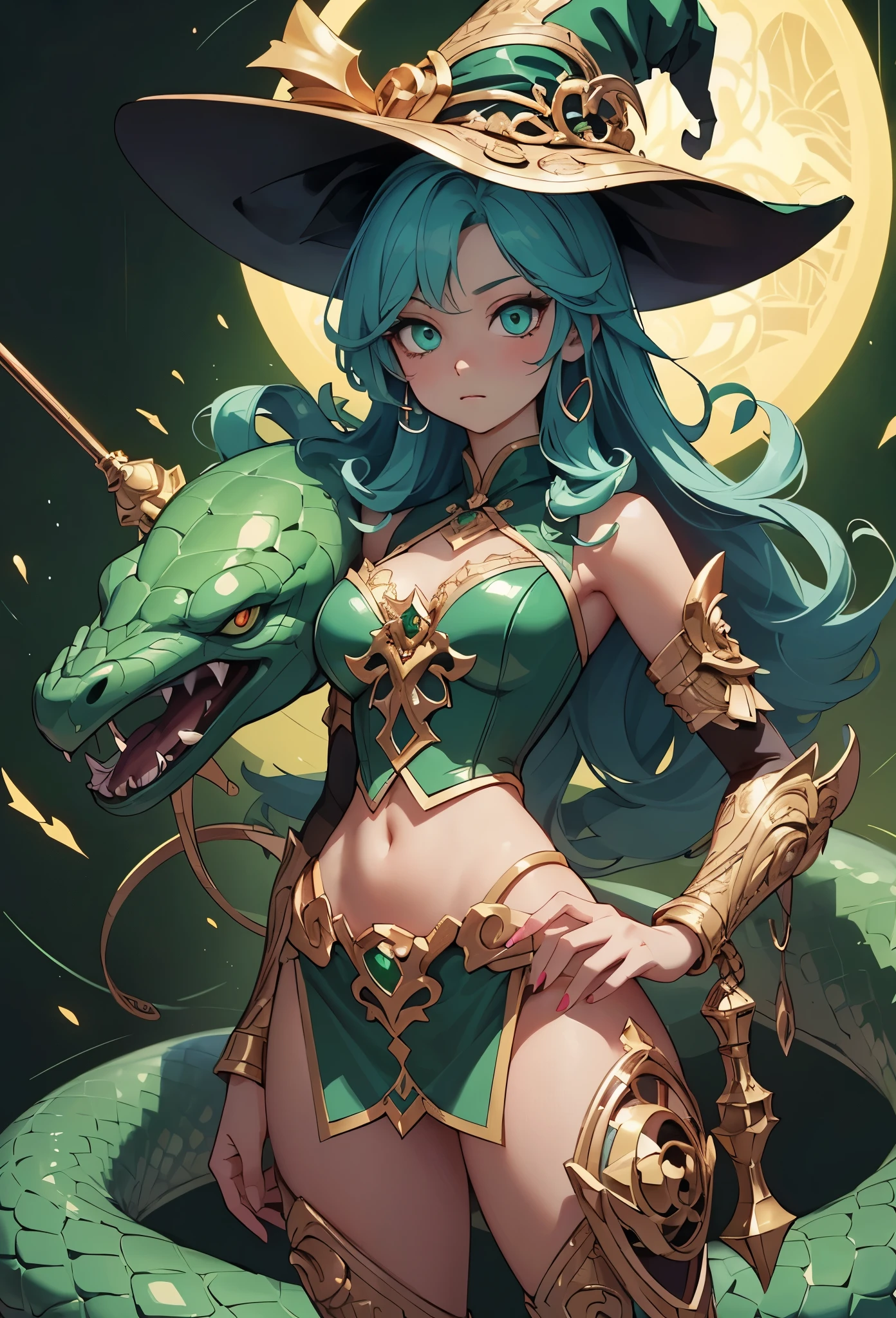 Alone Yuan-ti, Female, fantasy race, large breasts, bikini, witch woman, long hair, witch hat, lamia