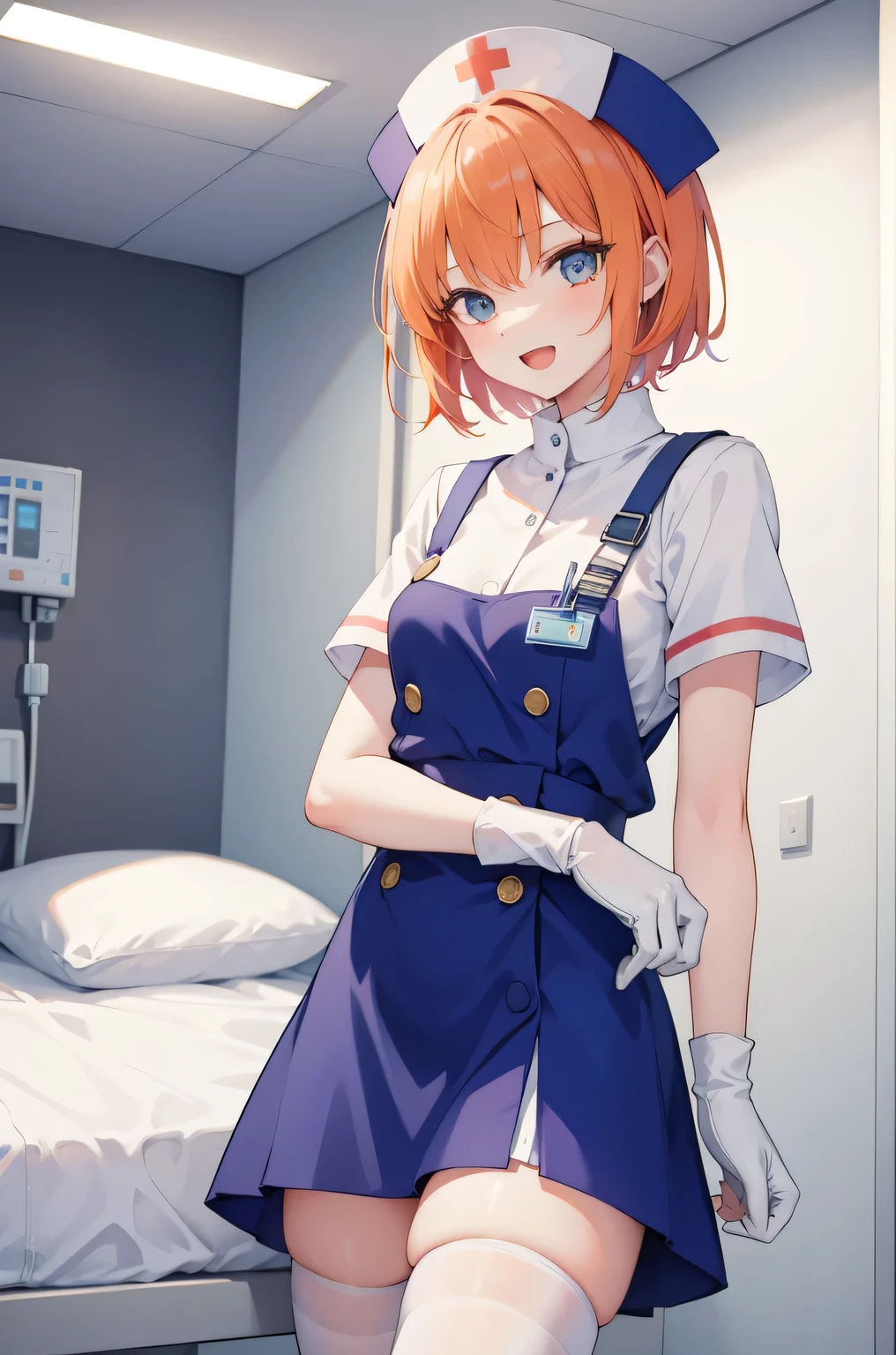1 girl, alone, nurse, nurse cap, Whiteware, ((white legwear, zettai ryouiki)), white gloves, very short hair, orange hair, smile, open your mouth, Are standing, ((hospital room)), sharp outline, short sleeve, Tomboy, boyish, highest quality, masterpiece