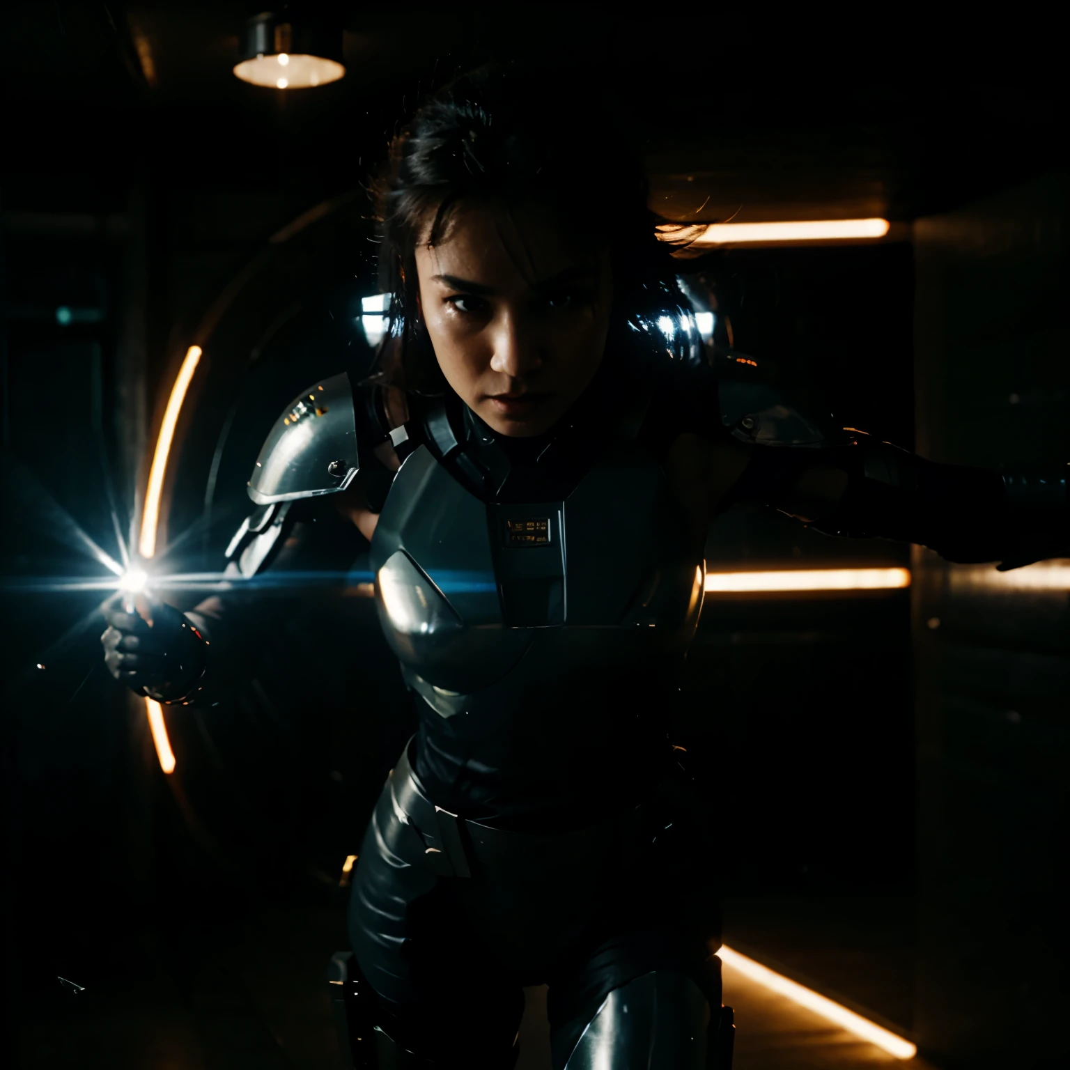 cyber warrior reflects an attack with a transparent energy shield, воин-киборг protected by an energy shield, protected by a transparent shield, tense dramatic atmosphere, Action Scene, pay attention to the energy shield, shield detailed, shield in the center of the image, clear focus on energy shield, cinematic frame, night, battlefield - spaceship compartment, dim lighting, cyborg warrior in motion, protected by an energy shield, Maximum realism, high detail, full frame, high definition, the environment is described in detail