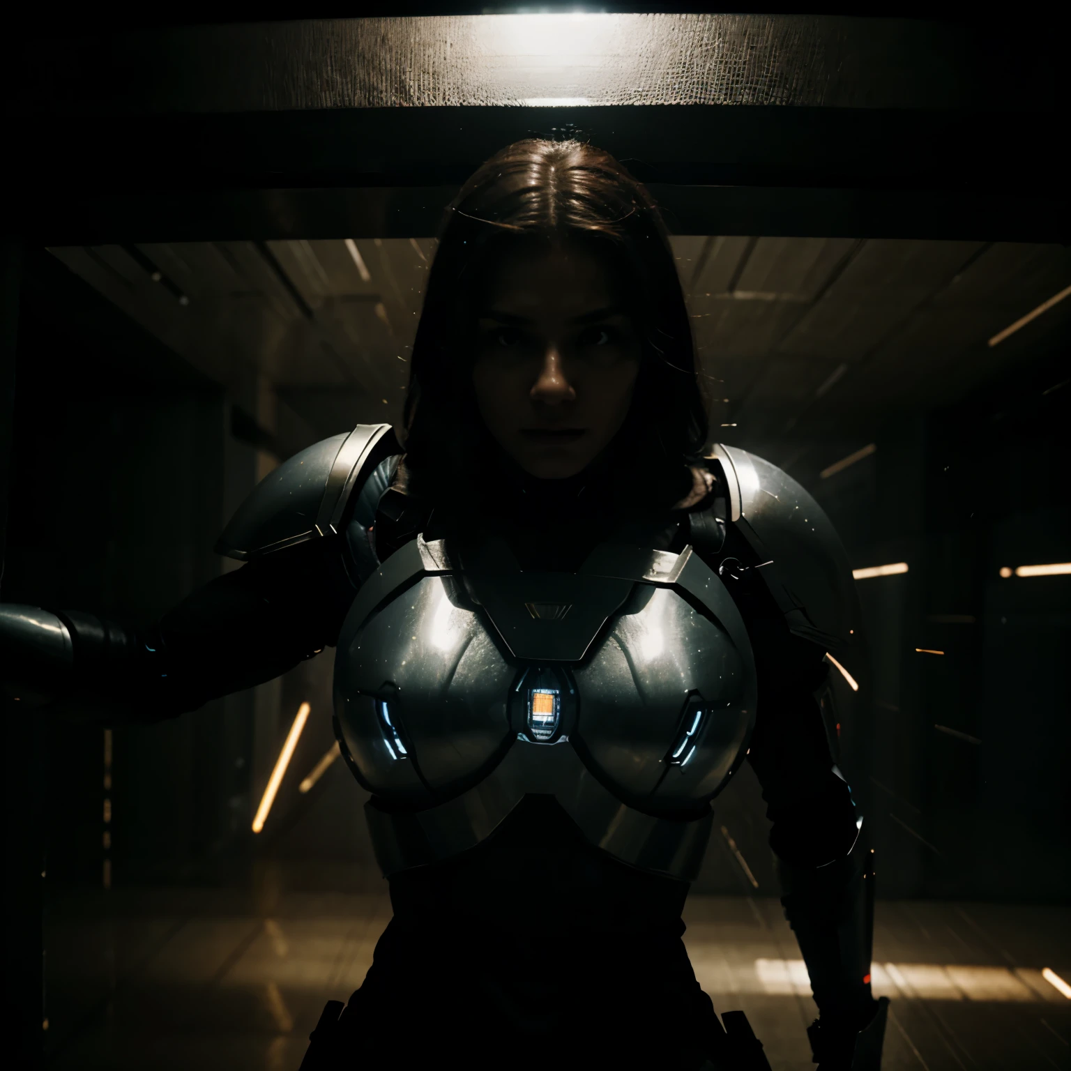 cyber warrior reflects an attack with a transparent energy shield, воин-киборг protected by an energy shield, protected by a transparent shield, tense dramatic atmosphere, Action Scene, pay attention to the energy shield, shield detailed, shield in the center of the image, clear focus on energy shield, cinematic frame, night, battlefield - spaceship compartment, dim lighting, cyborg warrior in motion, protected by an energy shield, Maximum realism, high detail, full frame, high definition, the environment is described in detail