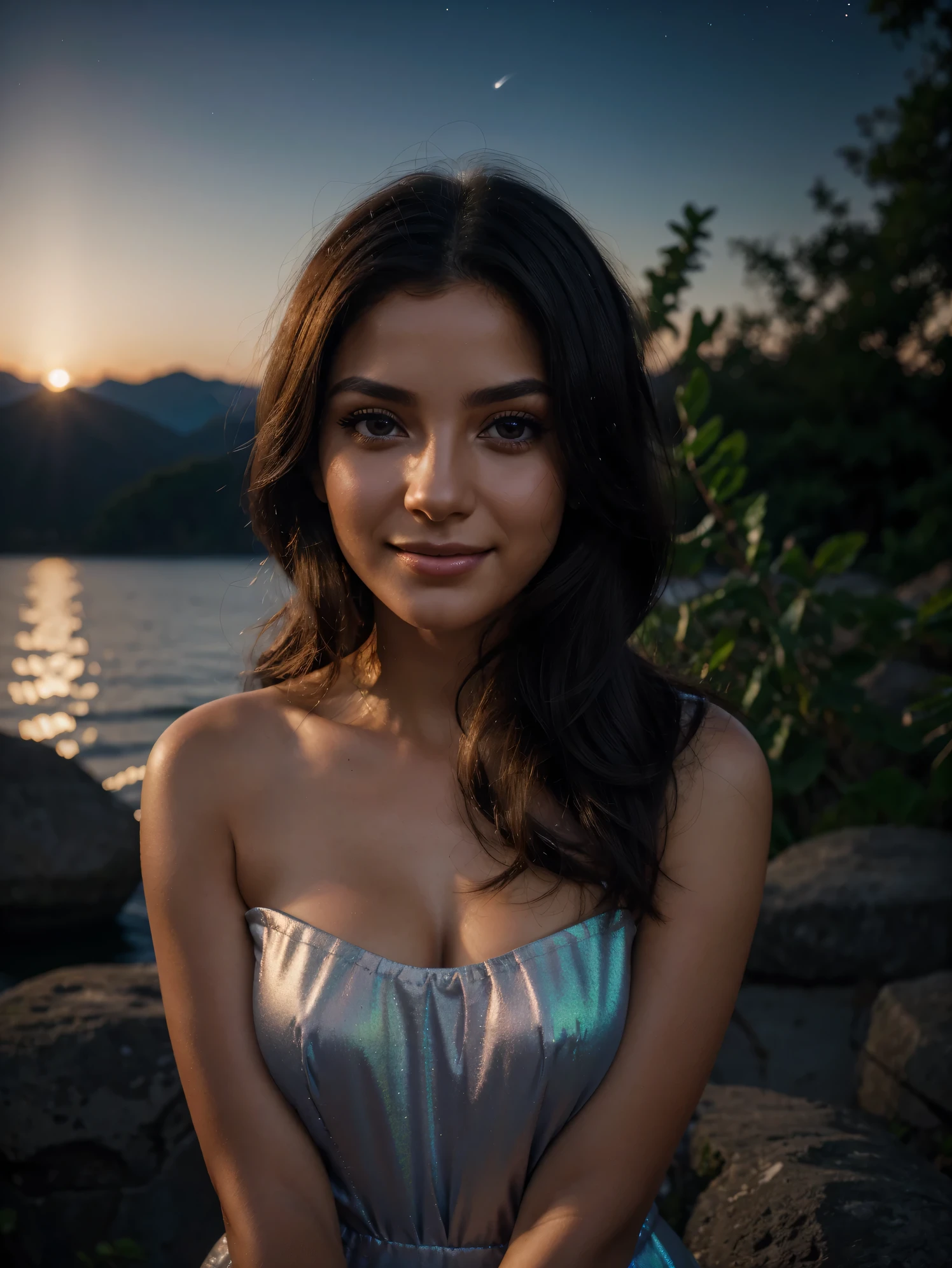 highres,realistic,ultra detailed,photo of beautiful,labanese,girl,20 years old,big eyes,long eyelashes,sharp beautiful nose,wavy black hair,natural makeup with short shoulder-length hair chilling, divine proportion, non-douche smile, fire particles, Glowing Whisper, Ethereal Touch, Nocturnal Grace, Silent Luminescence, Midnight Flutter, Whispering Silent, Iridescent Encounter, Moonlit Shadow, high quality, backlit, long exposure, hyper realistic photo, warm smile