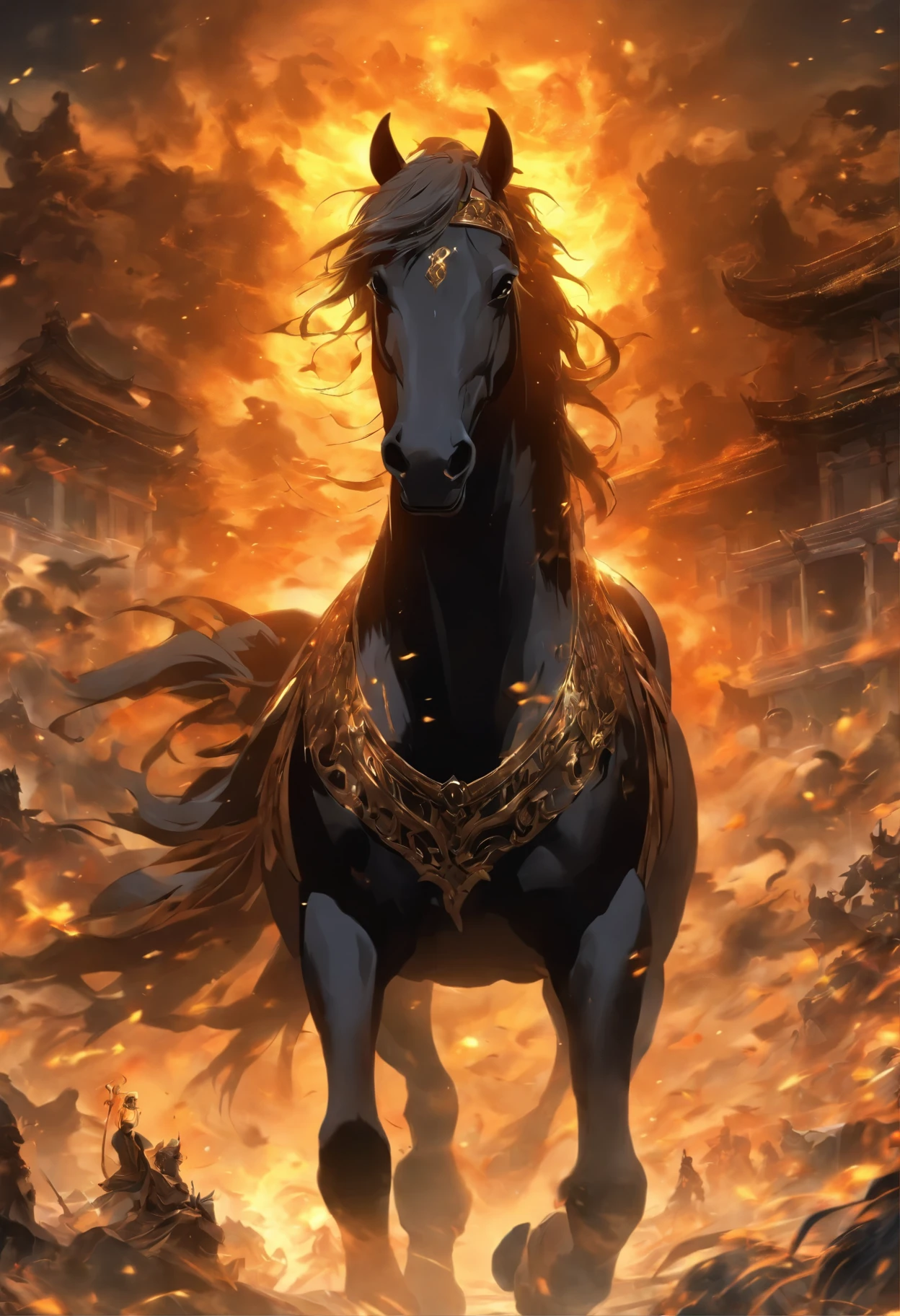 (((black horse chariot )))best quality, very high resolution, 4K detailed CG, masterpiece, hades, god of the underworld, Greeks神话, Emerge from the underworld, chariot, Dark horse, Greeks, Dark horse, Greeks遗址, garden ,Rome,carriage,carriage of the underworld,((carriage of the underworld)),Rome神话,god pluto,beautiful aesthetic,nice images,in the center of the screen