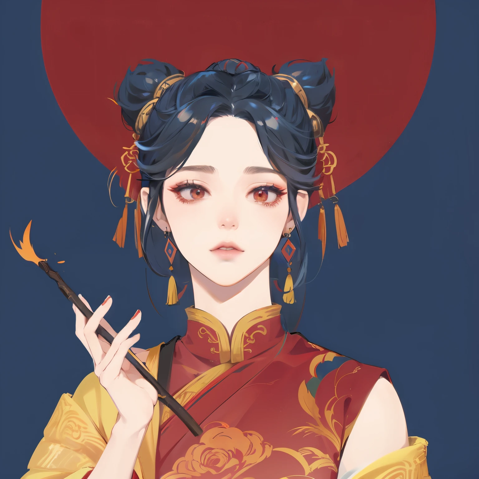 Close-up of a woman holding a stick and a red hat, palace ， A girl wearing Hanfu, beautiful figure painting, Inspired by Chen Daofu, Inspired by Ma Yuanyu, Inspired by Mei Qing, guweiz style artwork, Inspired by Lu Ji, wearing chinese clothes, Inspired by Chen Lu, Inspired by Lan Ying