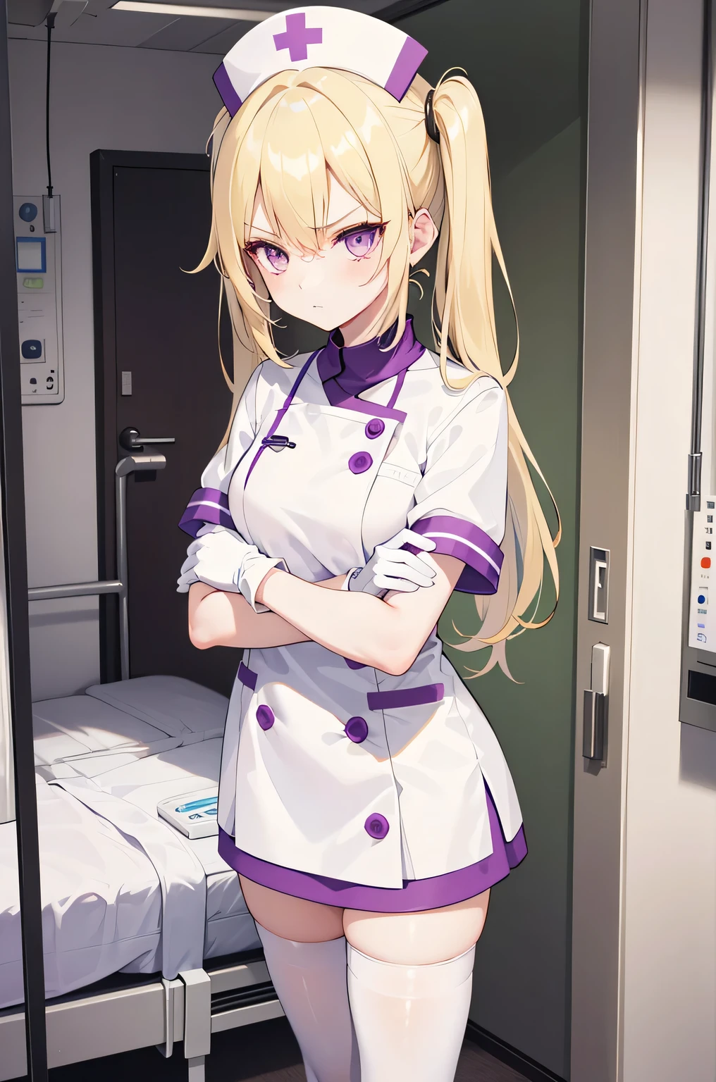 1 girl, alone, nurse, nurse cap, Whiteware, ((white legwear, zettai ryouiki)), white gloves, twin tails, yellow hair, purple eyes, anger, crossed arms, Are standing, ((hospital room)), sharp outline, short sleeve, highest quality, masterpiece