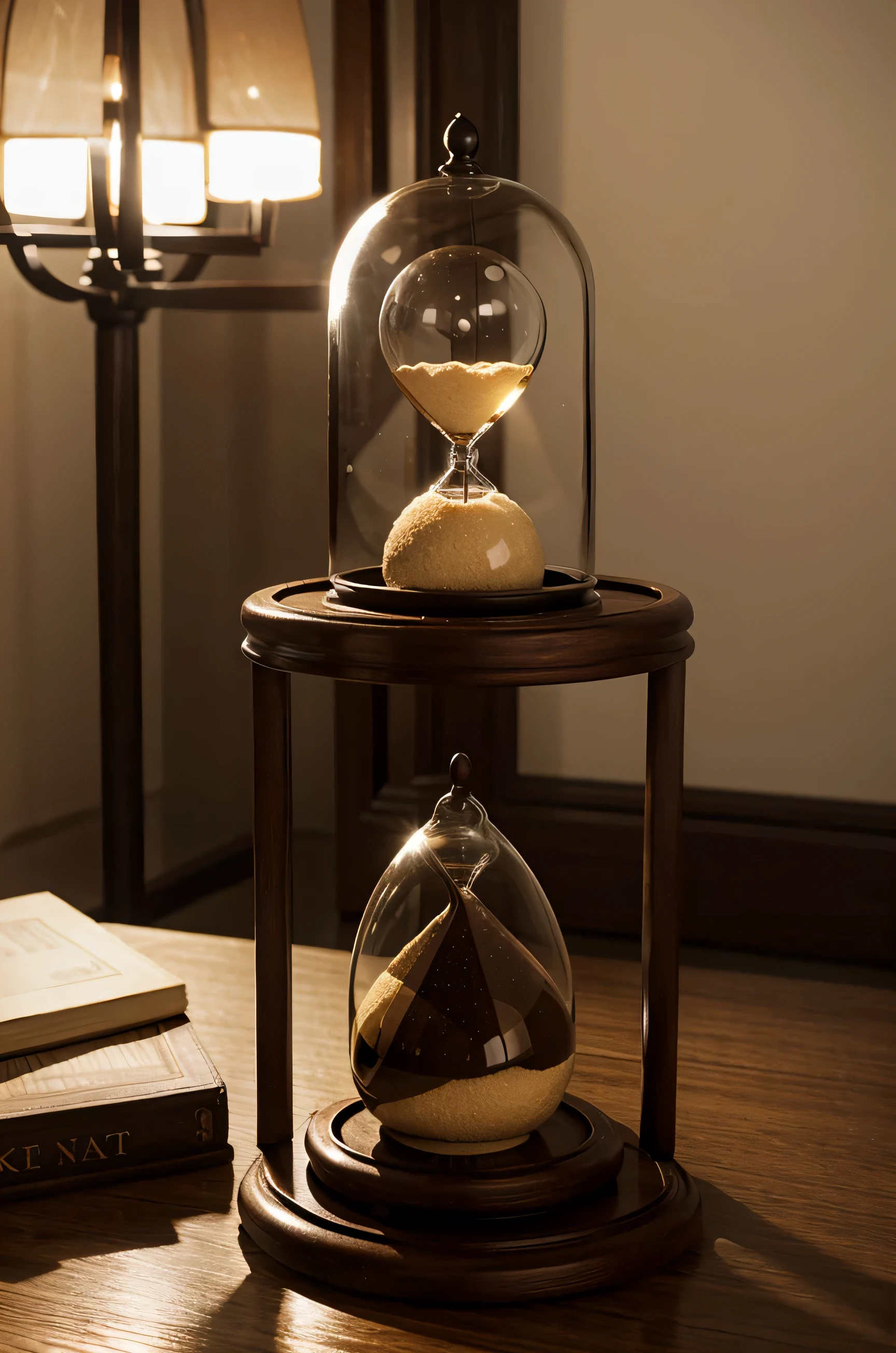 there is a hourglass sitting on a table with a book in the background, a portrait by David Garner, shutterstock, renaissance, hourglass, time is running out, hour glass, trapped inside an hourglass, hourglass intricate detail, the passage of time, time does not exist anymore, in search of lost time, time dragging on for too long