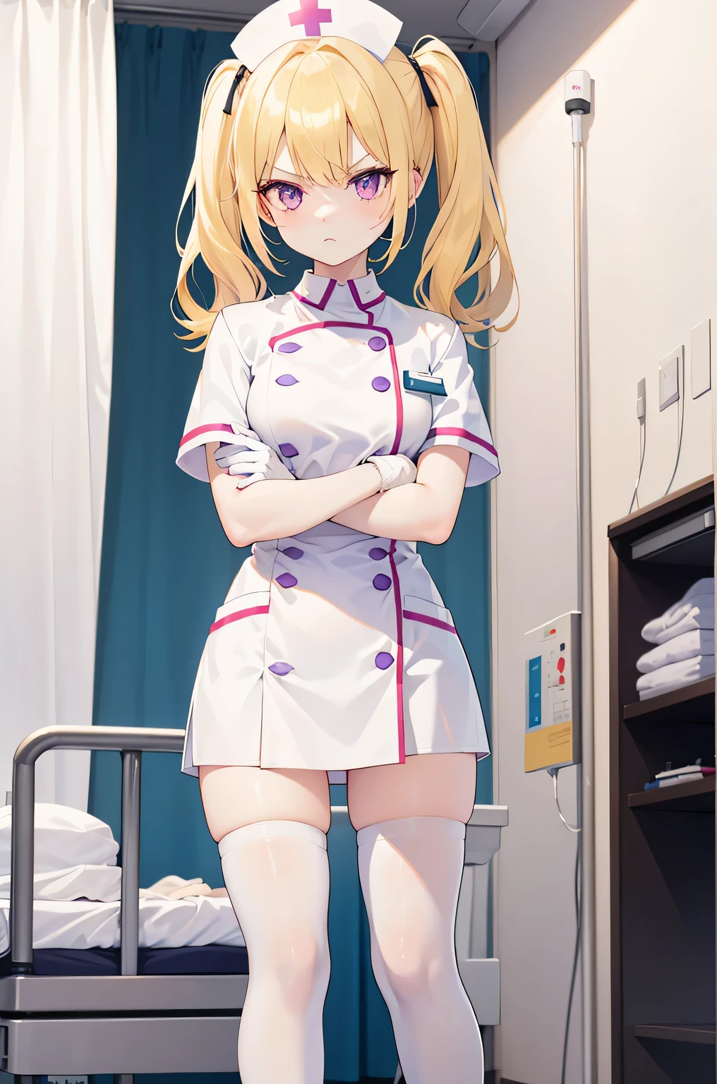 1 girl, alone, nurse, nurse cap, Whiteware, ((white legwear, zettai ryouiki)), white gloves, twin tails, yellow hair, purple eyes, anger, crossed arms, Are standing, ((hospital room)), sharp outline, short sleeve, highest quality, masterpiece