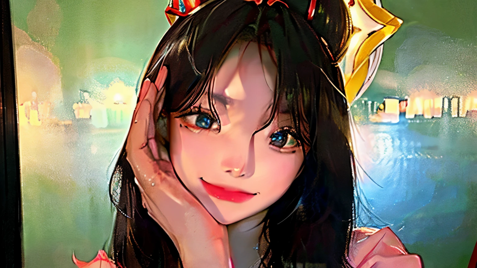 (8k, RAW photo, best quality, masterpiece:1.2), (realistic, photo-realistic:1.37), ultra-detailed, ultra high res, twtzuyu, 1 girl,looking at viewer,smile, ((wear crown on head)), queen, beautiful detailed eyes,  (floating hair), detailed clothes,  skin texture, cinematic lighting, professional lighting,