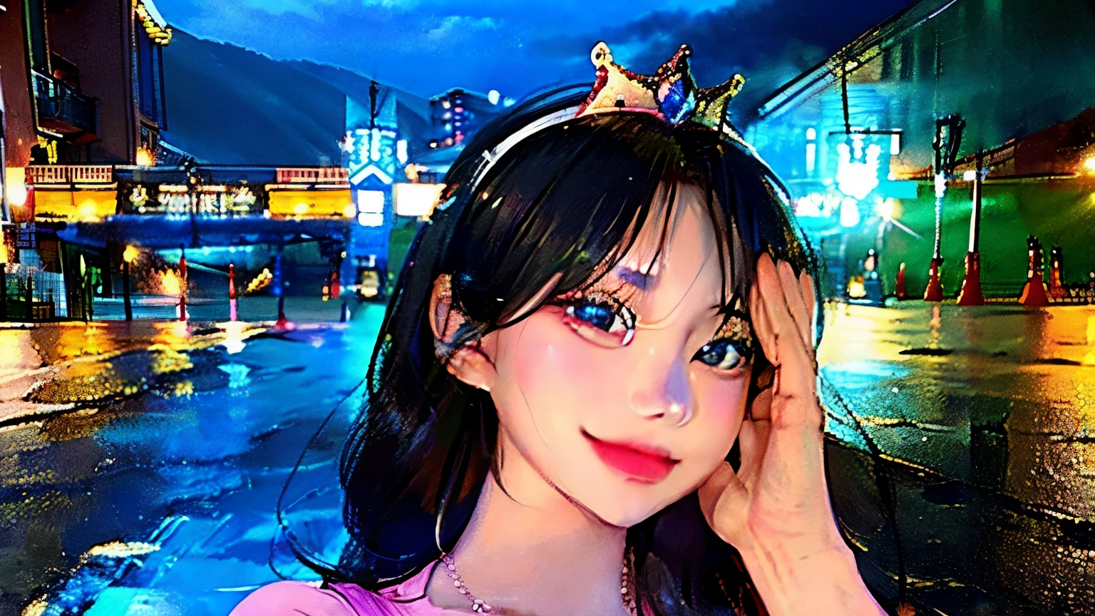 (8k, RAW photo, best quality, masterpiece:1.2), (realistic, photo-realistic:1.37), ultra-detailed, ultra high res, twtzuyu, 1 girl,looking at viewer,smile, ((wear crown on head)), queen, beautiful detailed eyes,  (floating hair), detailed clothes,  skin texture, cinematic lighting, professional lighting,