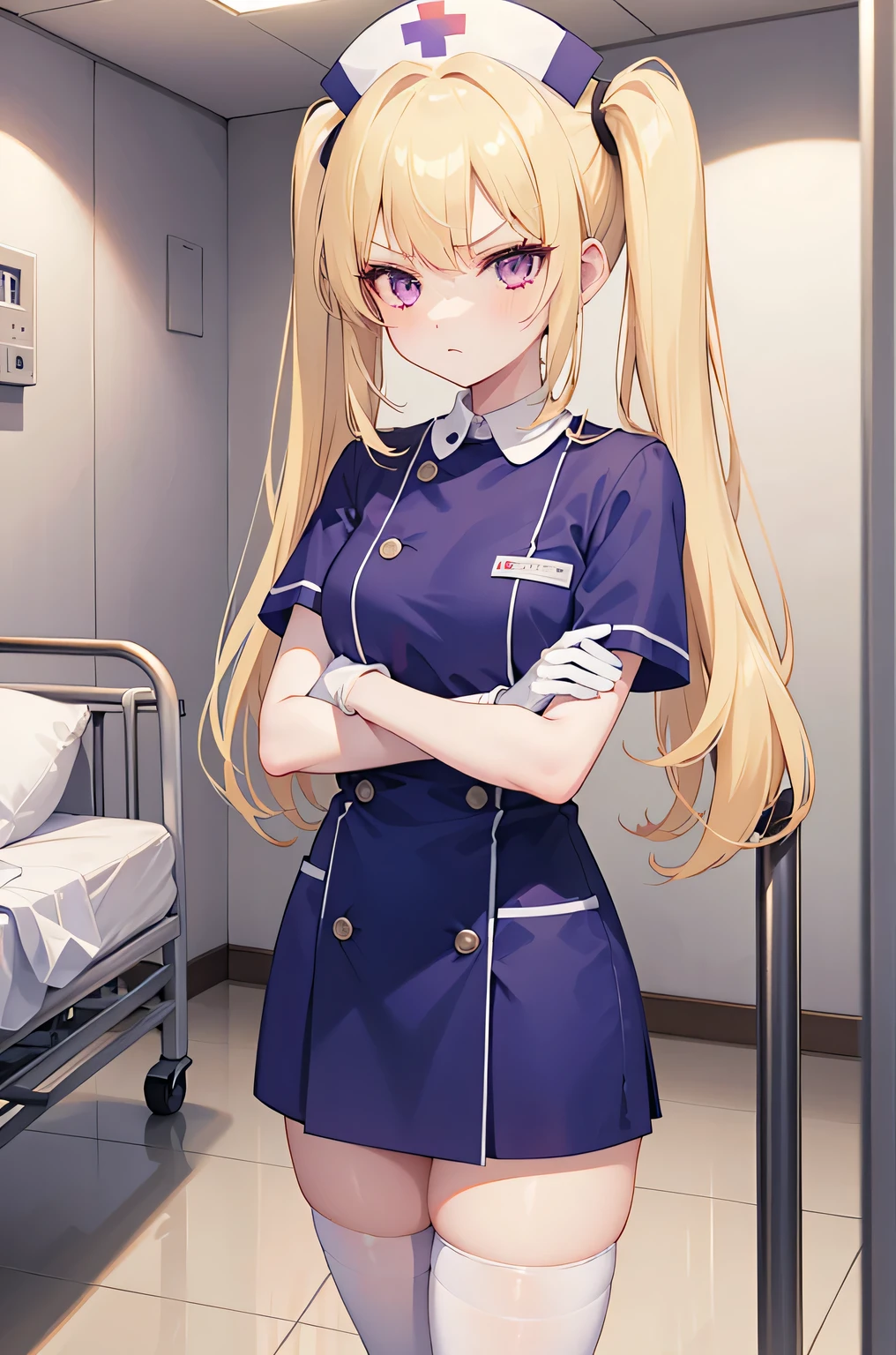 1 girl, alone, nurse, nurse cap, Whiteware, ((white legwear, zettai ryouiki)), white gloves, twin tails, yellow hair, purple eyes, anger, crossed arms, Are standing, ((hospital room)), sharp outline, short sleeve, highest quality, masterpiece