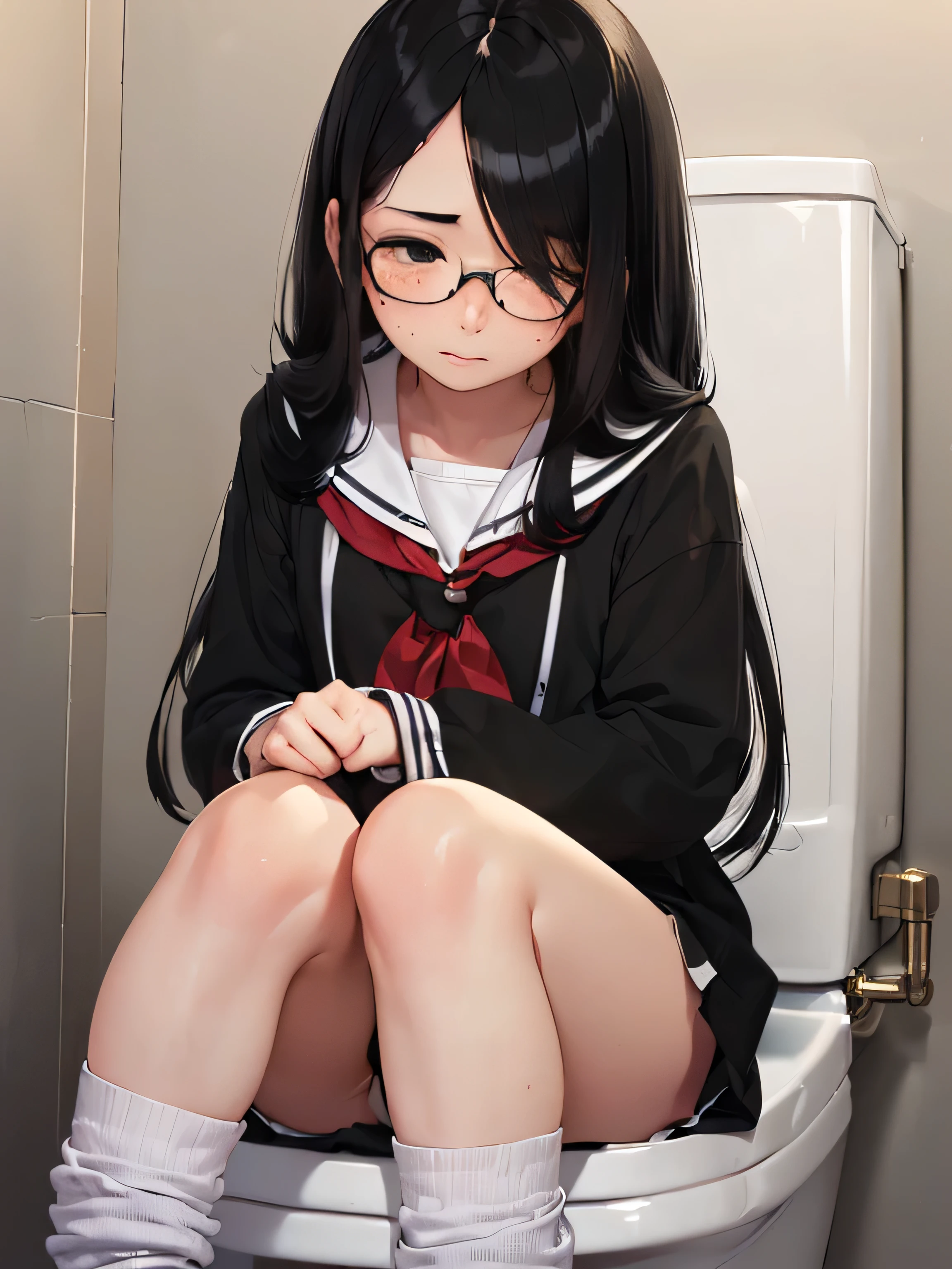 ((((((1 girl))))))(((lady、boudoir)))、((((Peeing in the toilet)))、Pa((((lower part'all your clothes together'knees、足に脱ぎかけのPaンティーがついている:1.5))))(((sitting on toilet:1.5)))(((high school girl、、middle school2grade)))(sailor suit、)、flat chest、small ass、sober、low length、(((((long bangs hide the eyes:1.2)))))、((freckles))、((((long black hair:1.5)))) (((hair band)))(((black rim glasses:1.2 black eye)))、bevel、look at me、