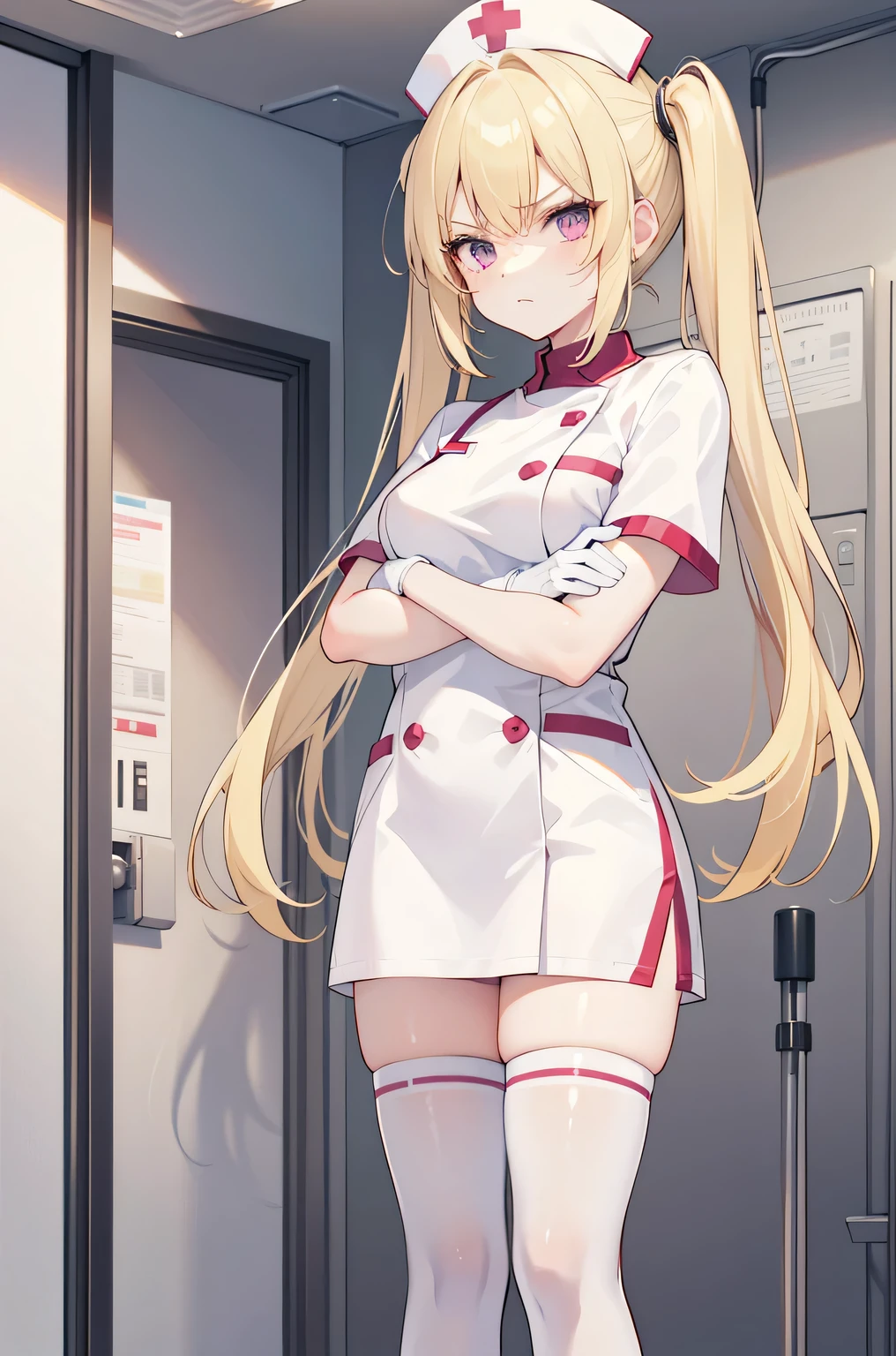 1 girl, alone, nurse, nurse cap, Whiteware, ((white legwear, zettai ryouiki)), white gloves, twin tails, yellow hair, purple eyes, anger, crossed arms, Are standing, ((hospital room)), sharp outline, short sleeve, highest quality, masterpiece