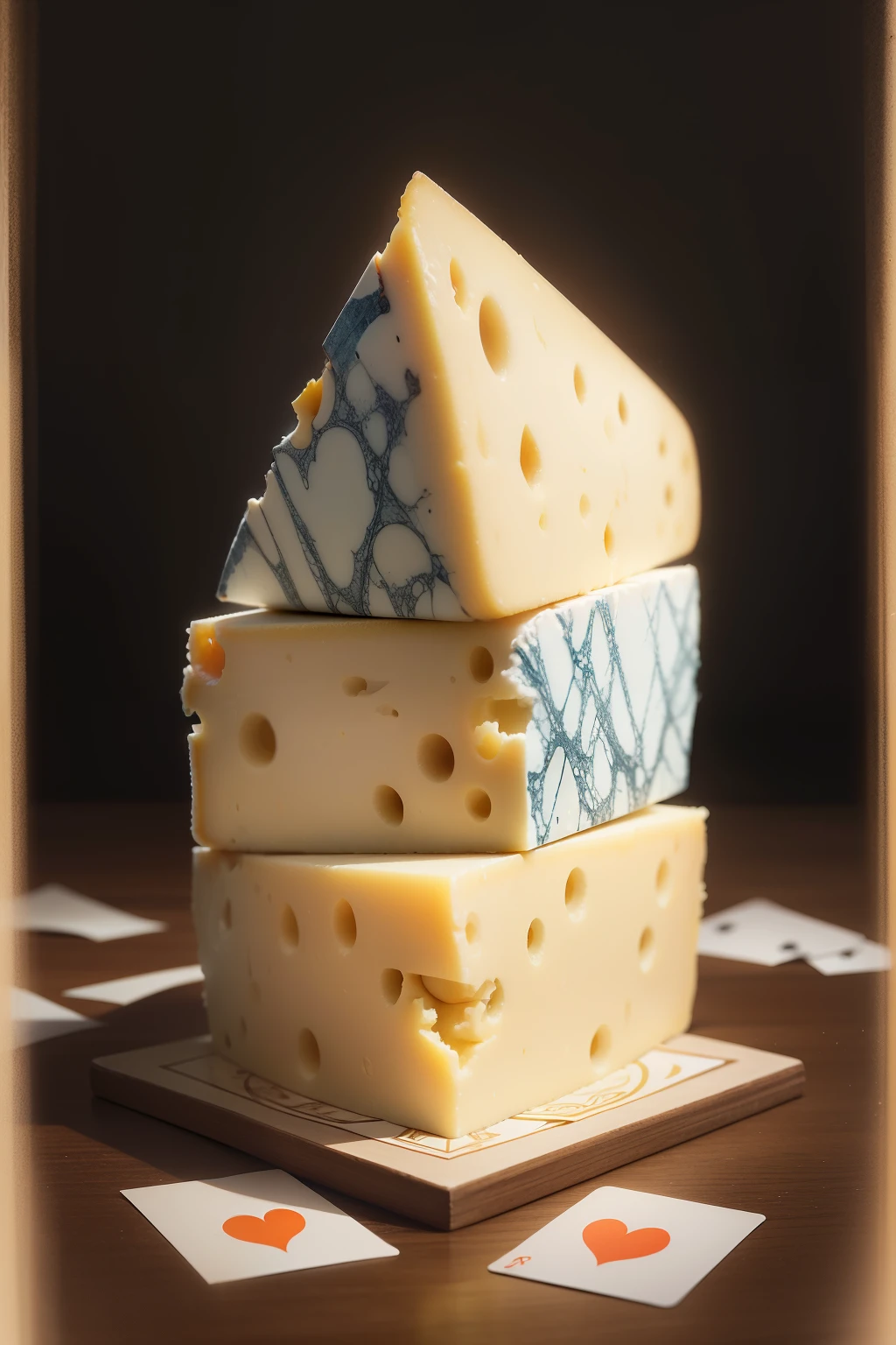 In the heart of a professional studio, a masterpiece picture comes to life. A stack of cards and cheese are meticulously arranged as props, the cheese's intricate texture and enticing aroma enhancing the overall mood of the scene. The stack of cards, with their worn-out edges and faded colors, add an element of nostalgia and mystery.
The image, captured in hyperrealistic detail, showcases the cards' every crease and the cheese's every crack. The lighting, akin to an artist's obsession, adds depth and dimension to the scene. A soft yet focused illumination bathes the stack and the cheese, highlighting their intricacies and textures.