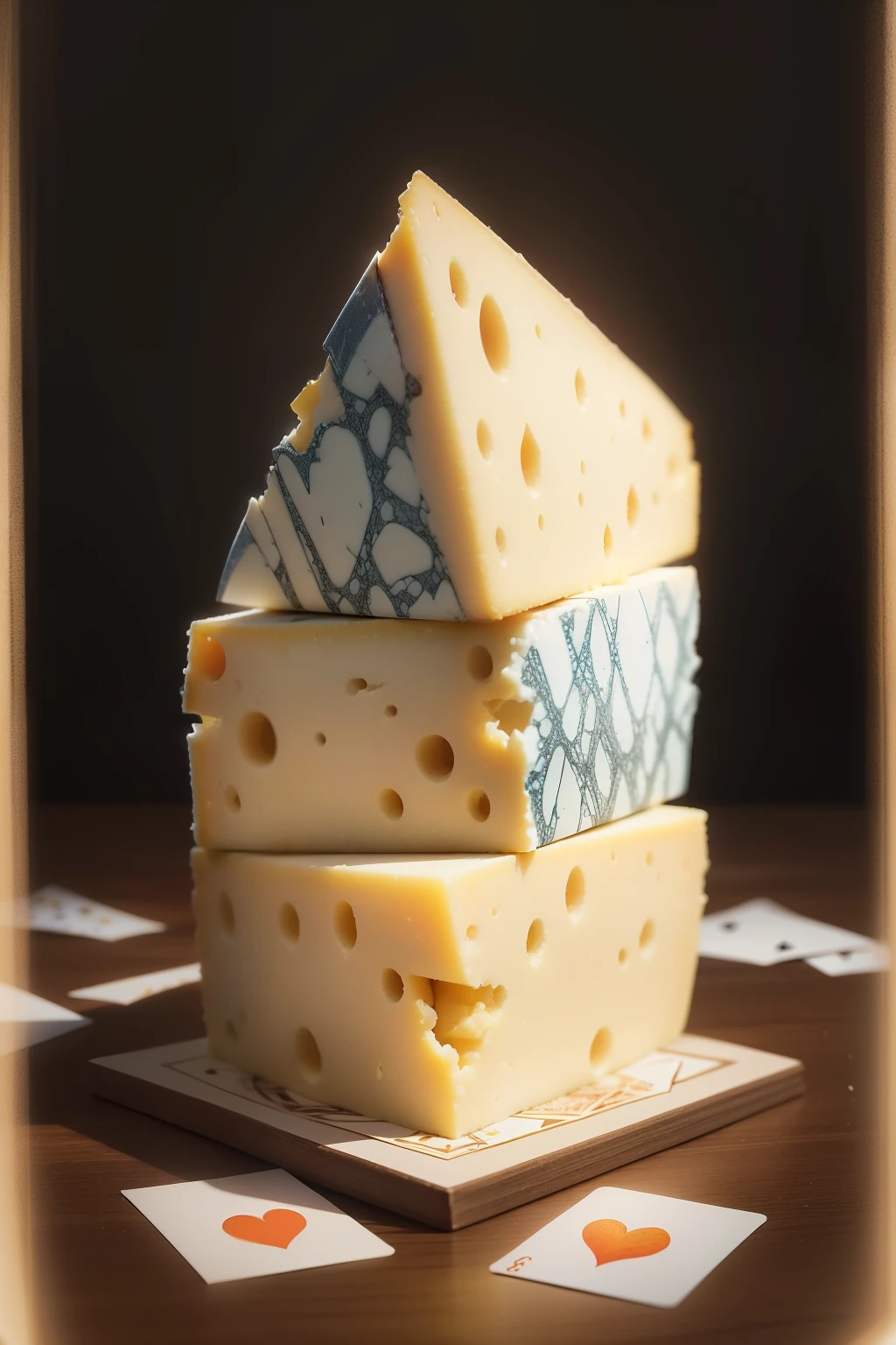In the heart of a professional studio, a masterpiece picture comes to life. A stack of cards and cheese are meticulously arranged as props, the cheese's intricate texture and enticing aroma enhancing the overall mood of the scene. The stack of cards, with their worn-out edges and faded colors, add an element of nostalgia and mystery.
The image, captured in hyperrealistic detail, showcases the cards' every crease and the cheese's every crack. The lighting, akin to an artist's obsession, adds depth and dimension to the scene. A soft yet focused illumination bathes the stack and the cheese, highlighting their intricacies and textures.