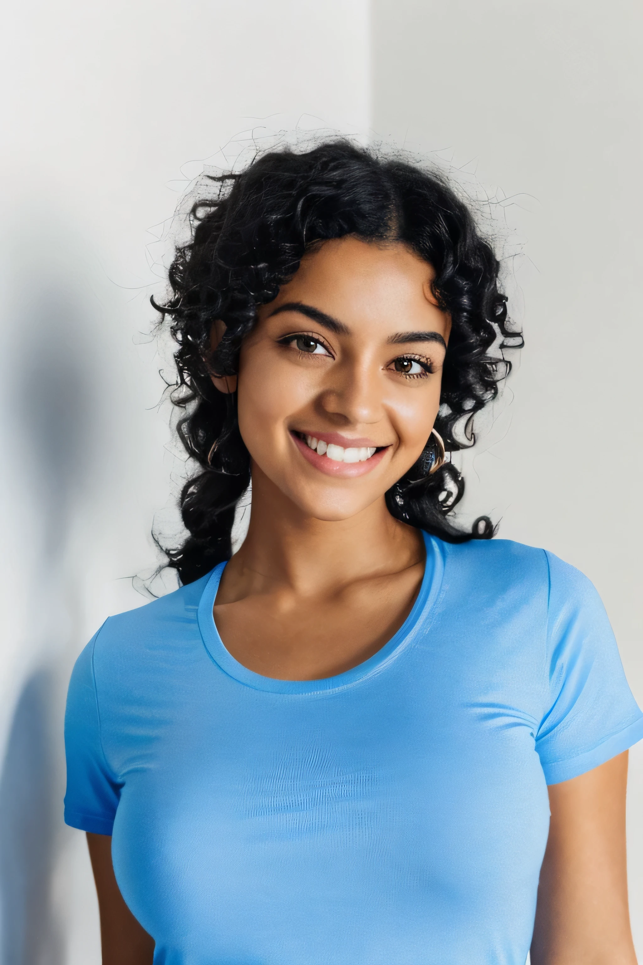 ultra realism a face portrait of a young woman in a blue t-shirt, curly black hair, black eyed, tanned, smile, rounded face, office, full white background, nothing on background, natural skin texture, 4k textures, hdr, intricate, highly detailed, sharp focus, cinematic look, hyperdetailed