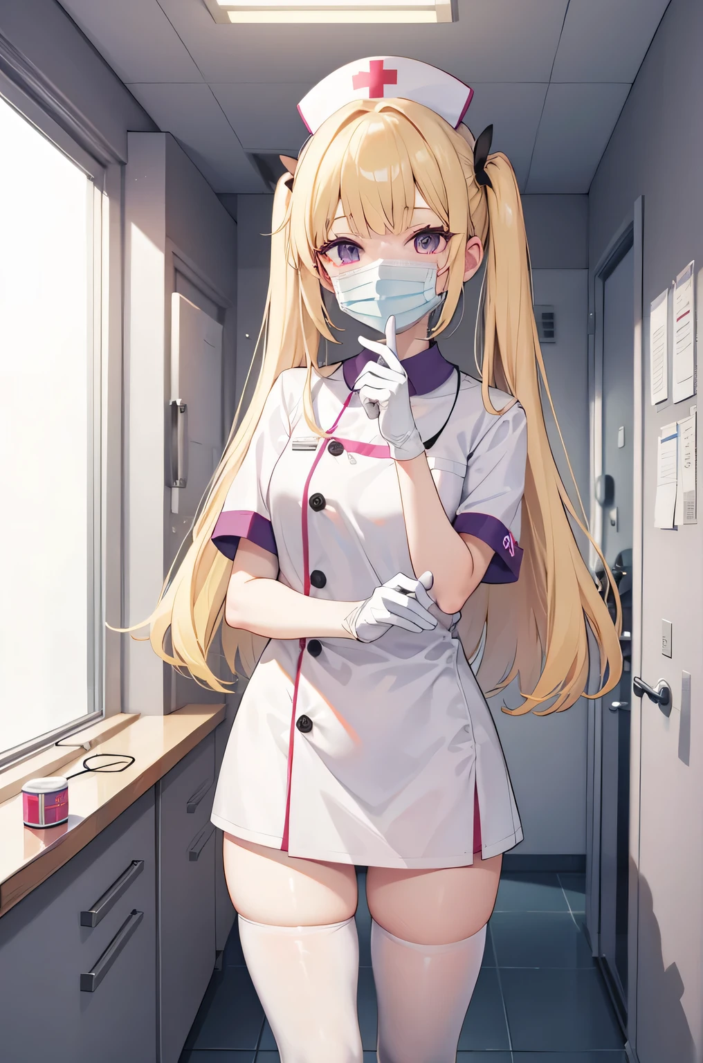 1 girl, alone, nurse, nurse cap, Whiteware, ((white legwear, zettai ryouiki)), white gloves, twin tails, yellow hair, purple eyes, ((White surgical mask, Covered nose)), Are standing, ((hospital room)), sharp outline, short sleeve, highest quality, masterpiece