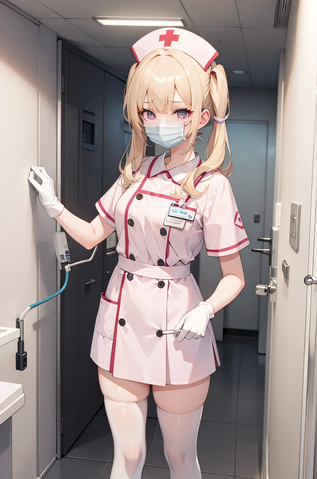 1 girl, alone, nurse, nurse cap, Whiteware, ((white legwear, zettai ryouiki)), white gloves, twin tails, yellow hair, purple eyes, ((White surgical mask, Covered nose)), Are standing, ((hospital room)), sharp outline, short sleeve, highest quality, masterpiece