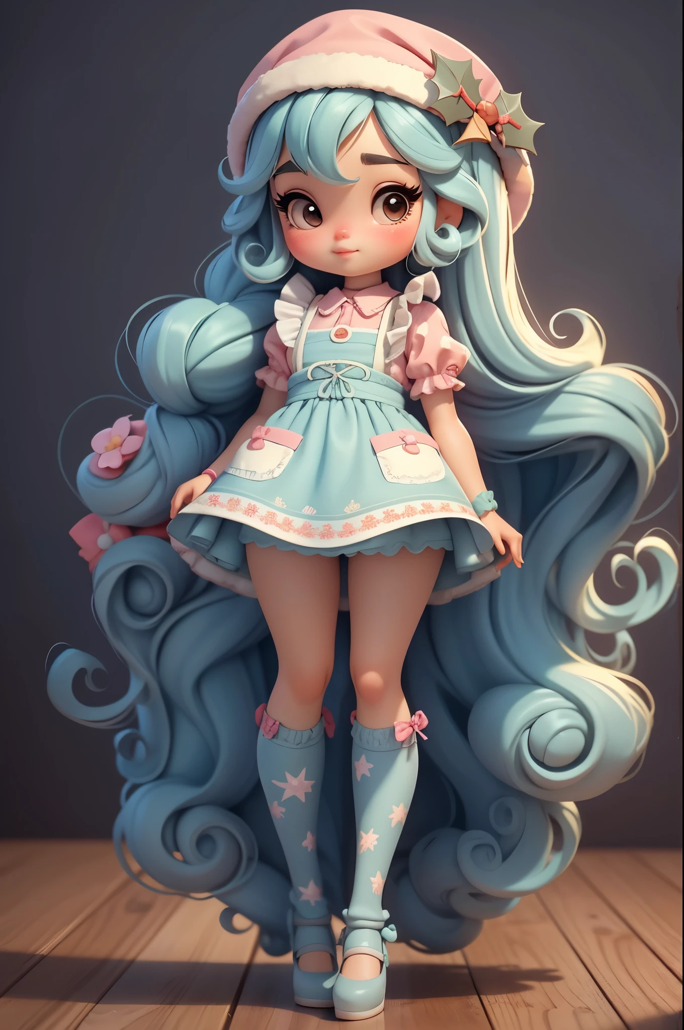 Create a line of cute Christmas-themed chibi-style dolls, Each features tons of detail and 8K resolution. All dolls should follow the same solid color background pattern and be complete within the image, show (whole body, including legs: 1.5)

bone karnatal: call her bella. She must have long curly hair in pastel colors。, Tie into two braids. your eyes should be big and bright, long eyelashes and rosy cheeks. Bella must wear a delicate long dress, Pair with a printed apron and maxi skirt. She should put on her hat and prepare her Christmas ornaments, And the other one has nothing. Don&#39;t forget the details, Colorful details and charming decor, Bonito Advanced Certificate, Hair texture and details, clothing, Cute accessories for each doll, Make them more cute and charming.