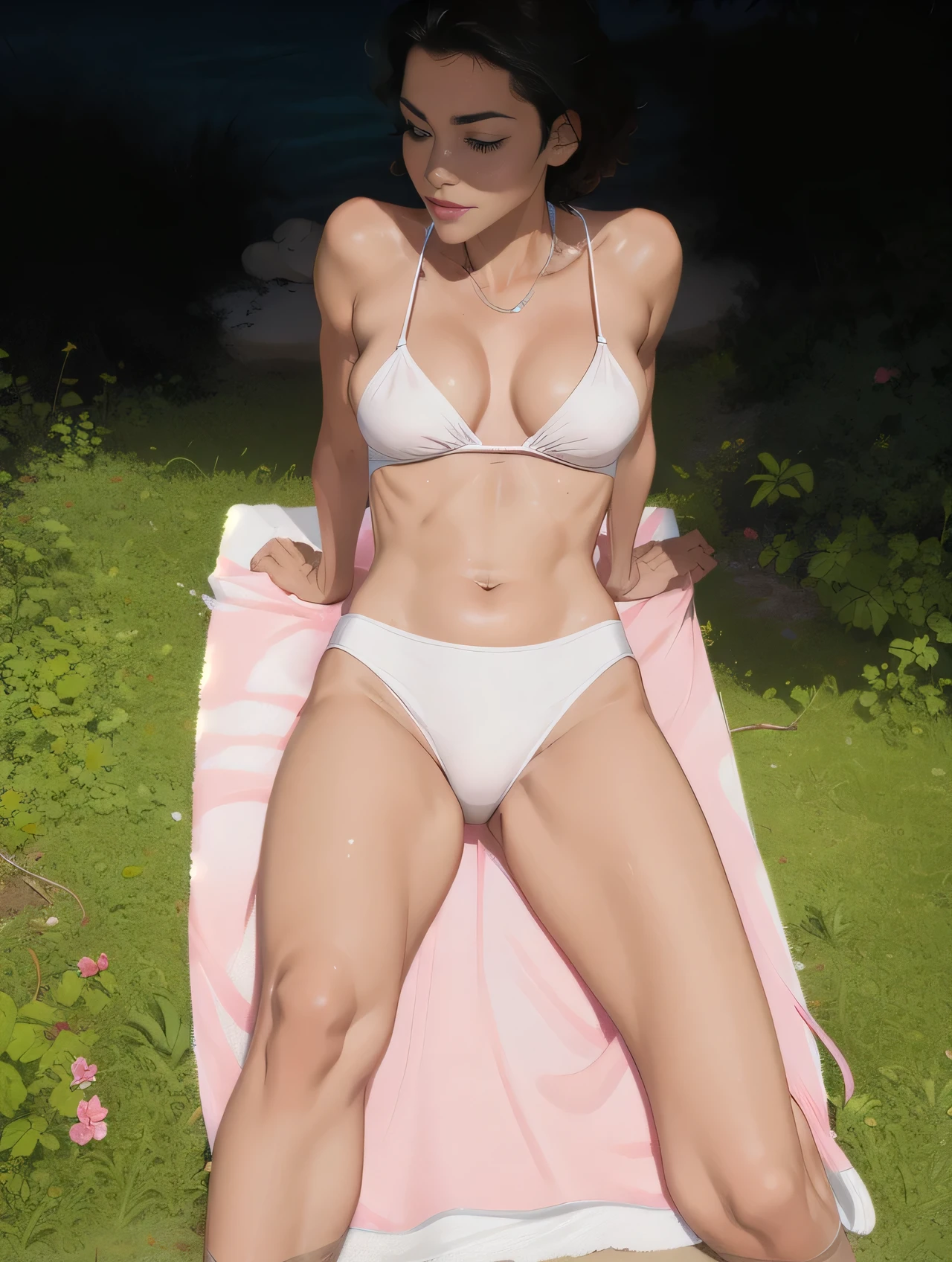 Woman in a white bikini lying on a pink towel, wearing a white bikini, Full body photo in a bikini, wearing an elastane bikini, two piece white bikini. Uma mulher com pele branca bronzeada e cabelos escuros. ela tem cerca de 35 anos. high resolution, alta qualidade, obra de arte, 8k. seios nos e volumosos.