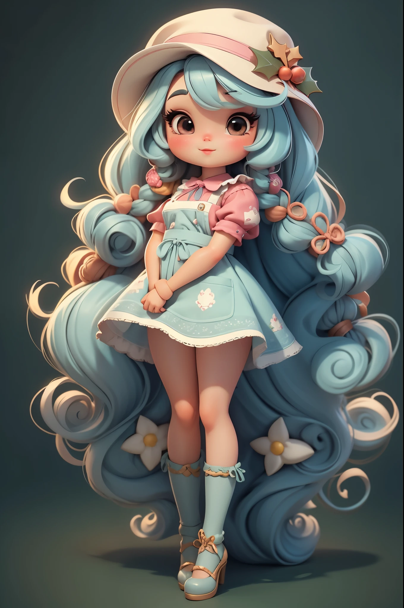 Create a line of cute Christmas-themed chibi-style dolls, Each features tons of detail and 8K resolution. All dolls should follow the same solid color background pattern and be complete within the image, show (whole body, including legs: 1.5)

bone karnatal: call her bella. She must have long curly hair in pastel colors。, Tie into two braids. your eyes should be big and bright, long eyelashes and rosy cheeks. Bella must wear a delicate long dress, Pair with a printed apron and maxi skirt. She should put on her hat and prepare her Christmas ornaments, And the other one has nothing. Don&#39;t forget the details, Colorful details and charming decor, Bonito Advanced Certificate, Hair texture and details, clothing, Cute accessories for each doll, Make them more cute and charming.