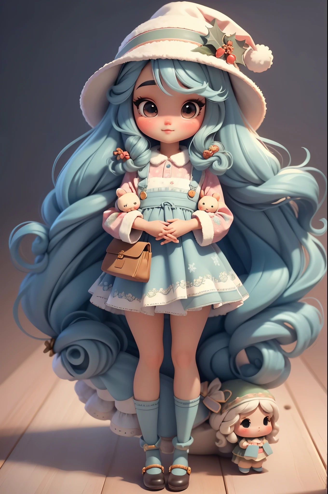 Create a line of cute Christmas-themed chibi-style dolls, Each features tons of detail and 8K resolution. All dolls should follow the same solid color background pattern and be complete within the image, show (whole body, including legs: 1.5)

bone karnatal: call her bella. She must have long curly hair in pastel colors。, Tie into two braids. your eyes should be big and bright, long eyelashes and rosy cheeks. Bella must wear a delicate long dress, Pair with a printed apron and maxi skirt. She should put on her hat and prepare her Christmas ornaments, And the other one has nothing. Don&#39;t forget the details, Colorful details and charming decor, Bonito Advanced Certificate, Hair texture and details, clothing, Cute accessories for each doll, Make them more cute and charming.