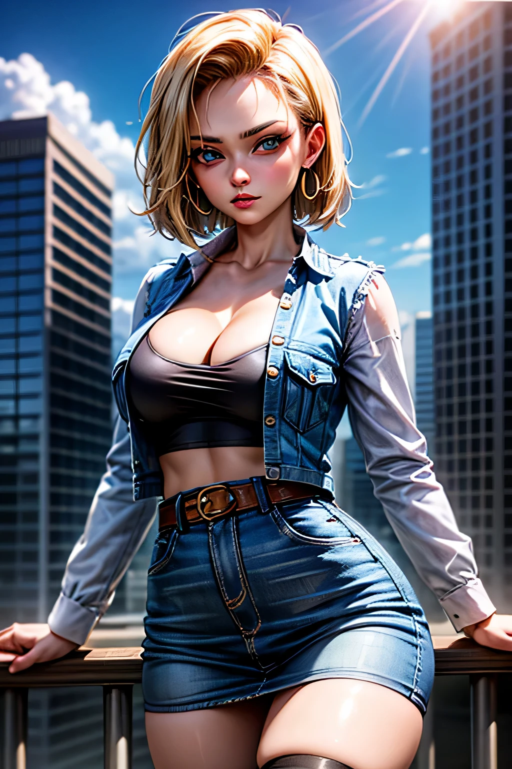 android 18, android 18, blonde hair, blue eyes, eyelash, hoop earrings, short hair, earrings, break belt, black legwear, black shirt, breast pocket, cleavage, clavicle, denim, denim skirt, high-waist skirt, jewelry, long sleeve, pocket, shirt, shirt tucked in, skirt, striped, striped sleeves, waistcoat,, break outdoors, city, null, cloud, sun, break looking at viewer, (cowboy shot:1.5), break (masterpiece:1.2), highest quality, High resolution, unity 8k wallpaper, (shape:0.8), (beautiful and detailed eyes:1.6), highly detailed face, perfect lighting, Very detailed CG, (perfect hands, perfect anatomy)