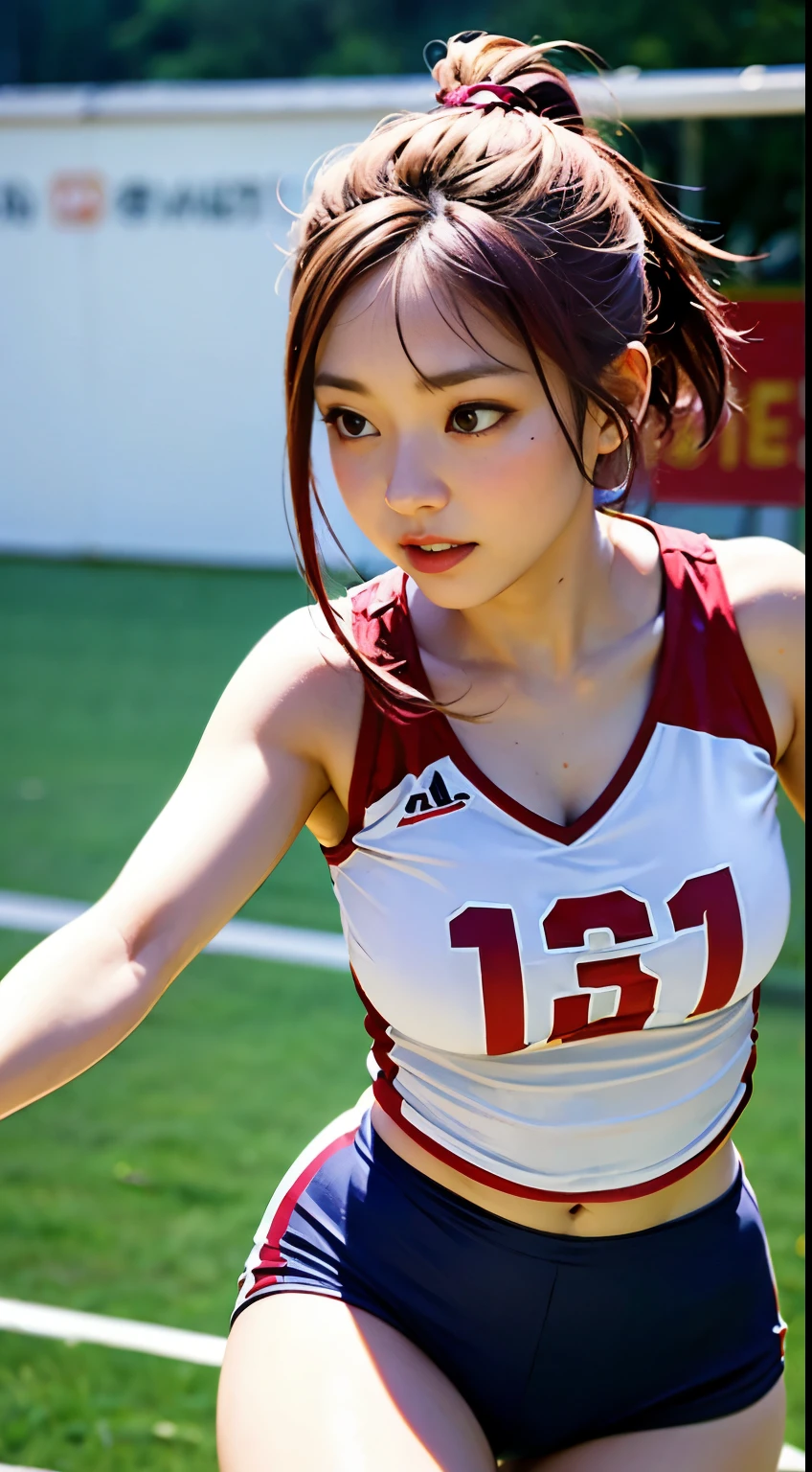 highest quality、masterpiece、Super high resolution、1 girl、、Braided shorthair、pink haired、Volleyball Tight Uniform、Play Volleyball Spikes、