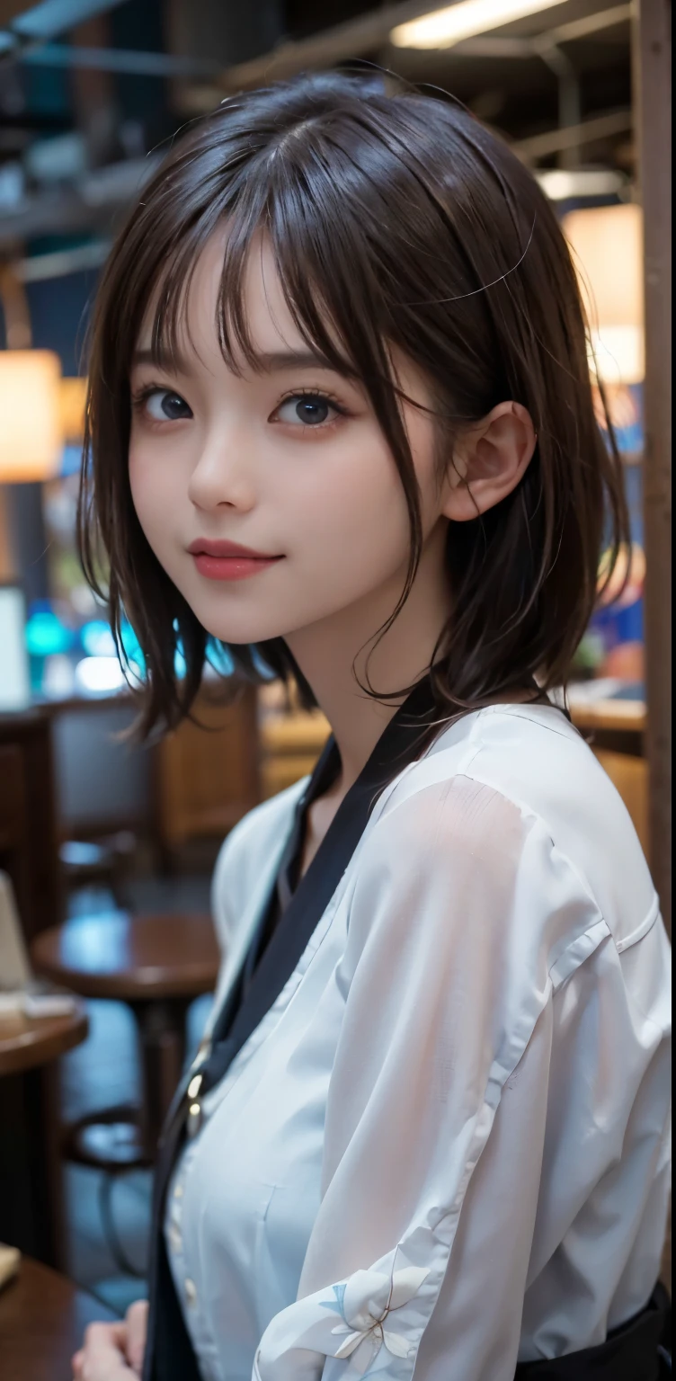 masterpiece, 1 beautiful girl, fine eyes, eye swelling, highest quality, 超High resolution, (reality: 1.4), Original photo, 1 girl, cinematic lighting, smile, Japanese, asian beauty, Korean, clean, super beautiful, beautiful skin, thin, cyberpunk background, (超reality的な ), (High resolution), (8K), (very detailed), (best illustrations), (beautiful detailed eyes), (Super detailed), (wallpaper), (detailed face), beholder, small details, detailed face, Pure erotic face ace_v1, smile, 46 point diagonal bangs, look straight ahead, neat clothes, dark colored eyes, No sleeve, the body is facing forward, short hair, brown hair, God's Messenger,
