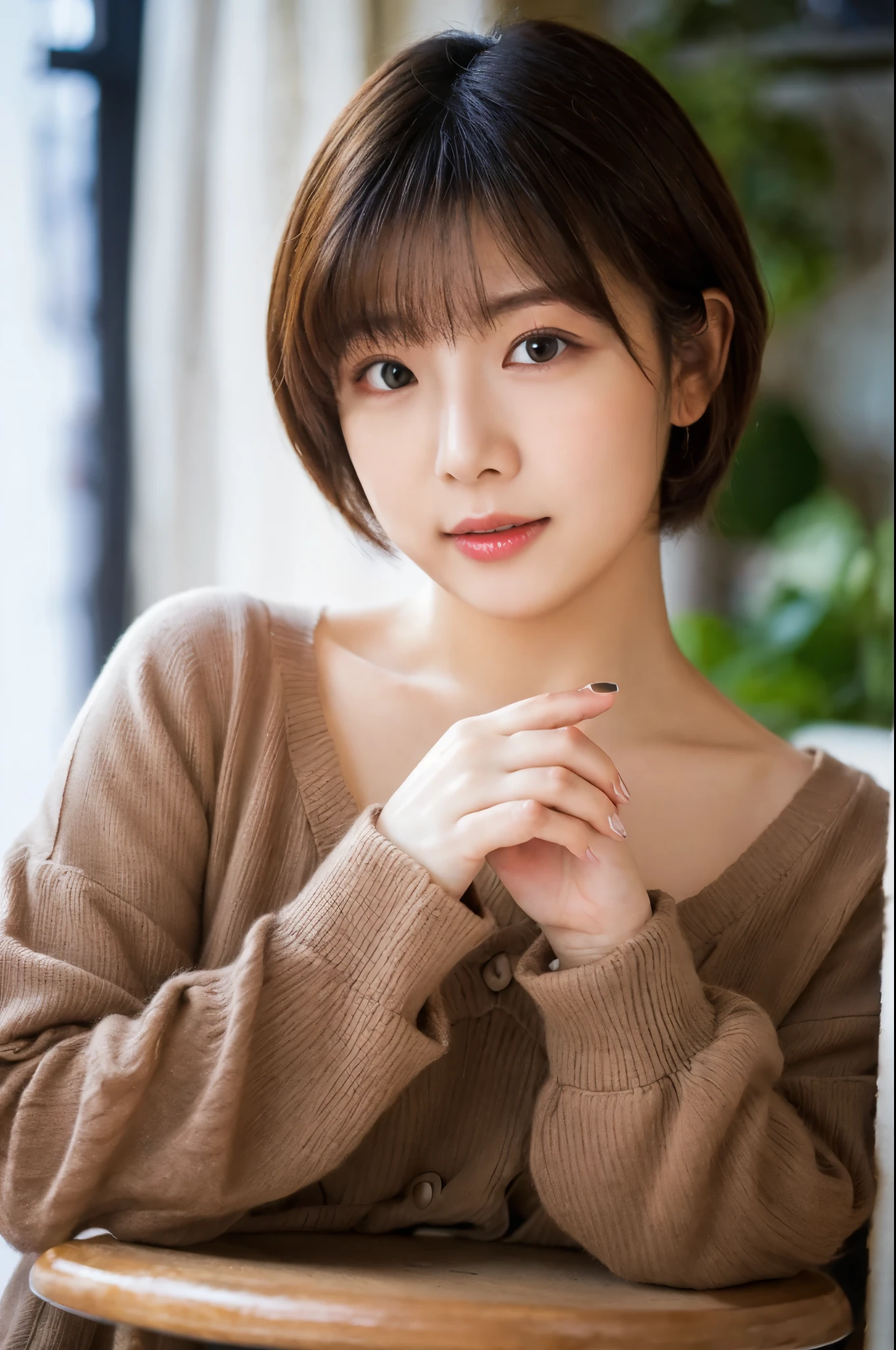 ulzzang-6500-v1.1,  (RAW photo:1.2), (Photoreal), beautiful detailed girl, (See-through:1.3), (genuine: 1.4), very detailed目と顔, beautiful and fine eyes, elegant long dress、short bob hair, huge file size, High resolution, very detailed, highest quality, [masterpiece:1.6], enlightenment, very detailed, nffsw, finely, highest quality, 8k wallpaper, movie lighting, 1 girl, , perfect body shape, Cute droopy eyes、beautiful big eyes、Pieck finger, ((table top)), highest quality, 1 girl, eye shadow, Upper body, portrait, ((full body shot:1.2))、