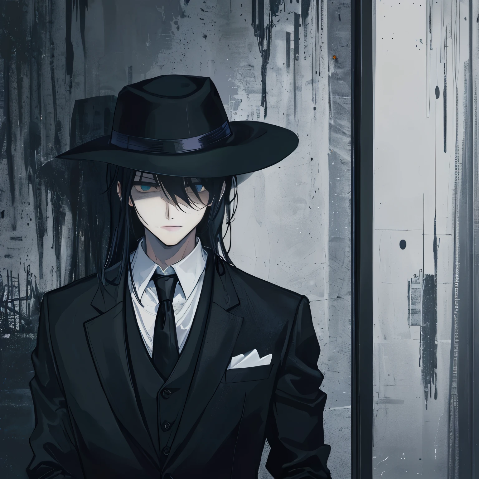 painting of a man in a suit and tie with a hat, Mysterious Man, Man in a suit with a hat, Man in black, Shadow informant, noir detective and a fedora, Dark Hat, drawn in a neo - noir style, shadowy and eerie character, Faceless person々is dark, mysterious portrait, Man in black suit, suit and tie, dark suit  