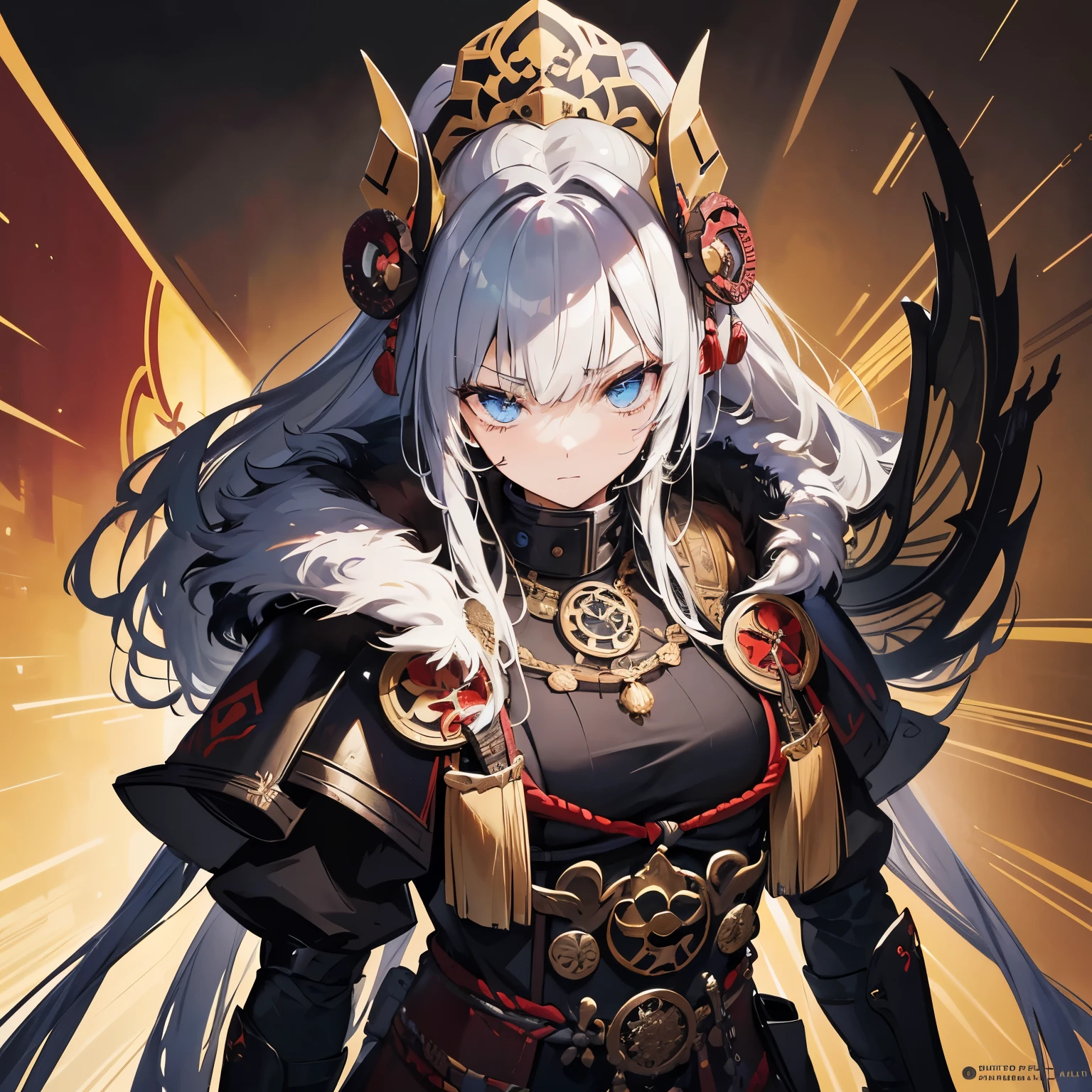 man in samurai armor with fur around the neck and waist, Wearing the Devil's Helmet, Dusty detail ornament, Fighting tired, Female Warrior, armor, amazing, facial scar, dnd character portrait, Complex, 8K resolution, dynamic lighting, very detailed, unreal 5, volume lighting, Alphonse Mucha, pre-raphaelite, detailed background, mandala, detailed face, fine eyes, neon eyes  