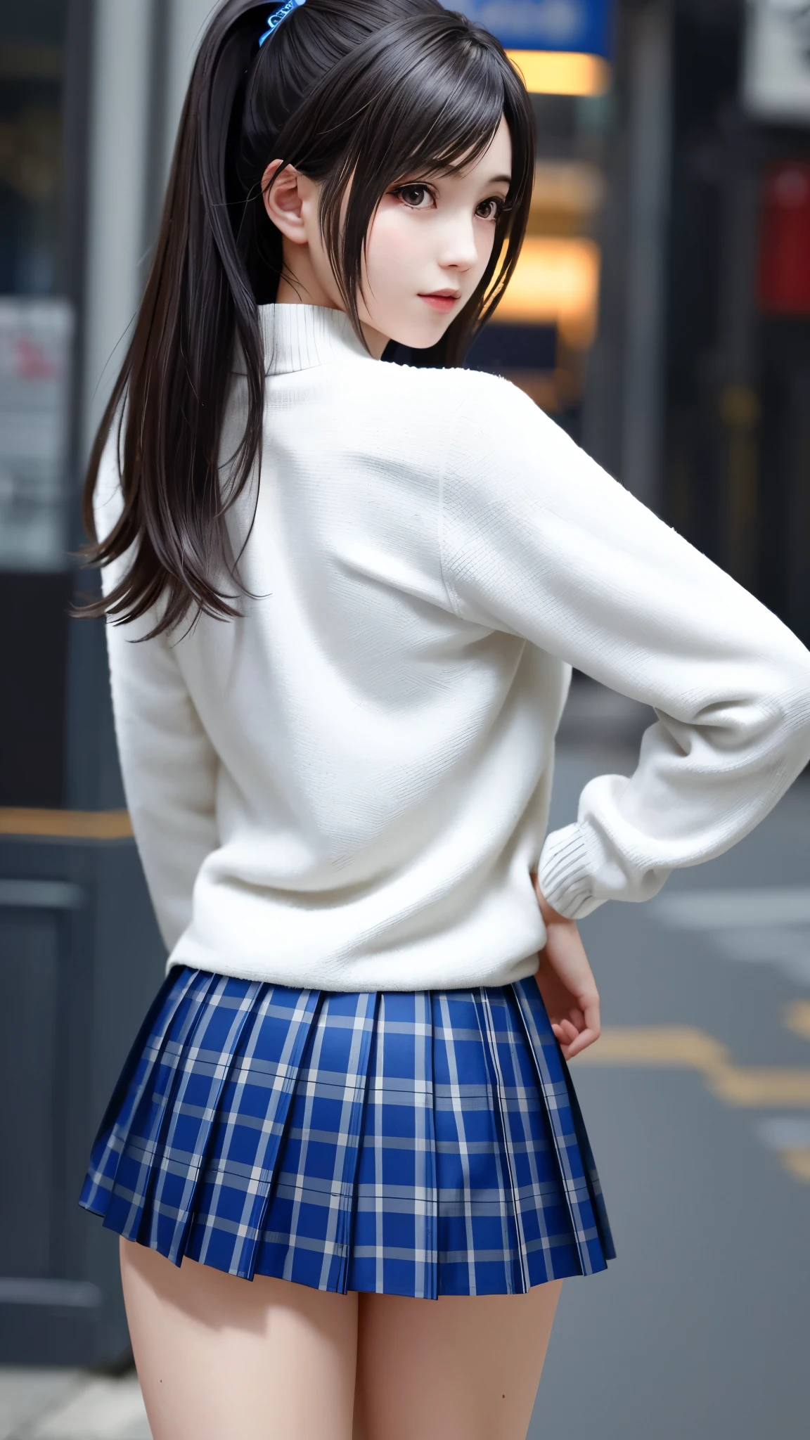 (top quality, masutepiece: 1.1), (Realistic: 1.3), (photoRealistic: 1.3),wallpapers, BREAK (((FF7,Tifa_lockhart))),behind view:1.3,(((winter,Japan jk uniform,White long-sleeved sweater,Navy Blue Plaid Pleated mini-Skirt,Dark blue short socks,loafers))),(background big city,shibuya:1.1,winter:1.3,neon:1.2,wet),(gravure pose:1.3,nogizaka idol),Ultra-detailed face, Detailed eyes,Red eyes, BREAK (((FF7,Tifa_lockhart))),(black brown hair, Large breasts: 1.2), BREAK , About 18 years old,kawaii,(calf focus:1.2,back hair:1.2),sensual,looking far:1.3,Beautiful legs,walking,full body shot
