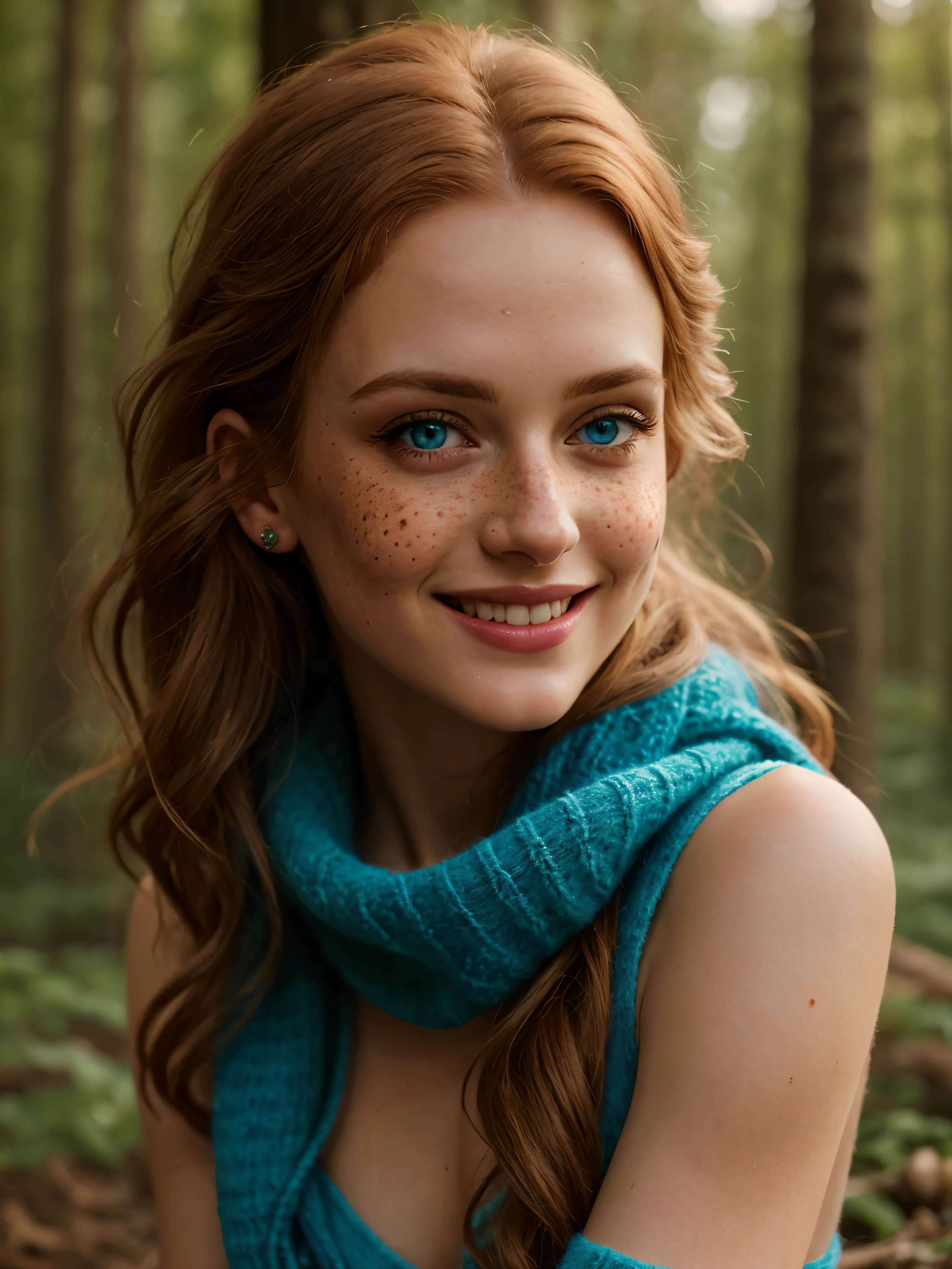 (Realistic:1.2), Photorealistic attractive beautiful woman with messy red hair, Blue eyes, small freckles, wear a long scarf and leg warmers, Princess Merida, brave, cute sexy, feminine pose, In the woods, Cinematic lighting, Ethereal light, complex parts, extremely detailed, full color, complex parts, Insanely detailed and confusing, Hyper maximalist, rich colors, Cinematic, smiling, bright colors, detailed beautiful eyes and perfect face, rim light, 16 thousand., Best quality