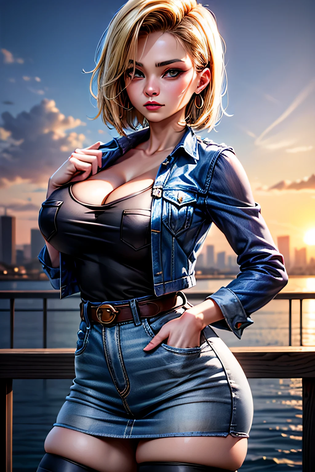 android 18, android 18, blonde hair, blue eyes, eyelash, hoop earrings, short hair, earrings, break belt, black legwear, black shirt, breast pocket, cleavage, clavicle, denim, denim skirt, high-waist skirt, jewelry, long sleeve, pocket, shirt, shirt tucked in, skirt, striped, striped sleeves, waistcoat,, break outdoors, city, null, cloud, sun, break looking at viewer, (cowboy shot:1.5), break (masterpiece:1.2), highest quality, High resolution, unity 8k wallpaper, (shape:0.8), (beautiful and detailed eyes:1.6), highly detailed face, perfect lighting, Very detailed CG, (perfect hands, perfect anatomy)