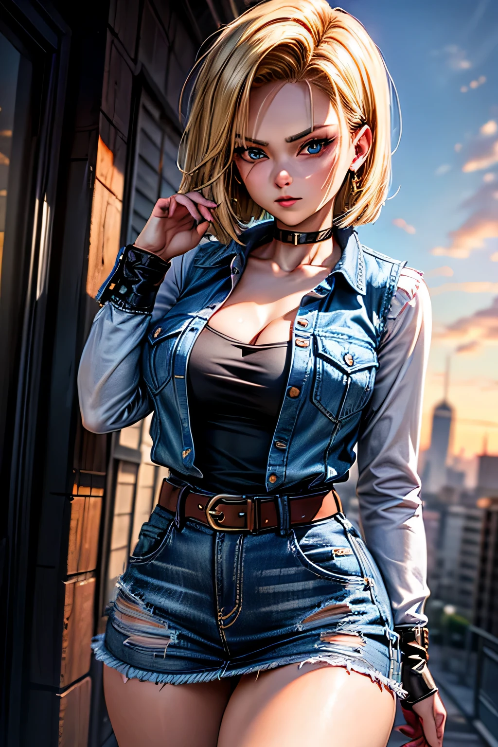 android 18, android 18, blonde hair, blue eyes, eyelash, hoop earrings, short hair, earrings, break belt, black legwear, black shirt, breast pocket, cleavage, clavicle, denim, denim skirt, high-waist skirt, jewelry, long sleeve, pocket, shirt, shirt tucked in, skirt, striped, striped sleeves, waistcoat,, break outdoors, city, null, cloud, sun, break looking at viewer, (cowboy shot:1.5), break (masterpiece:1.2), highest quality, High resolution, unity 8k wallpaper, (shape:0.8), (beautiful and detailed eyes:1.6), highly detailed face, perfect lighting, Very detailed CG, (perfect hands, perfect anatomy)