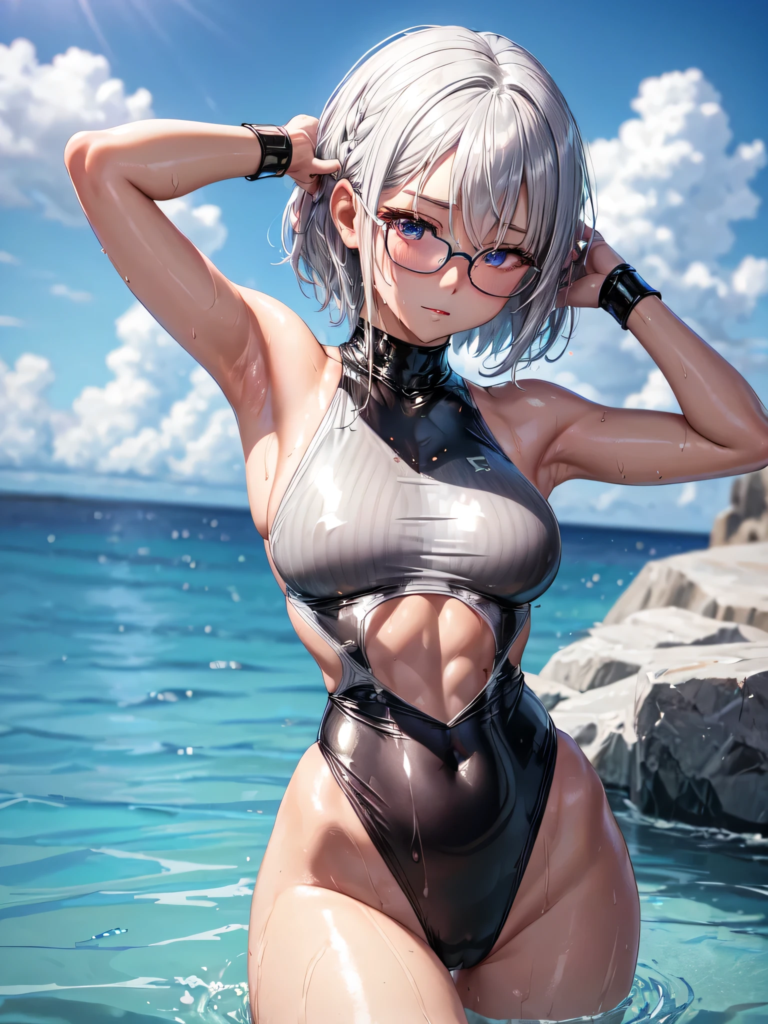 best image quality、8K、UHD、pieces fly、cute eyes、silver hair、Glasses、torn ABS、latex high neck swimwear、latex high neck school swimwear、short hair、短髪のsilver hair美女、wet skin、