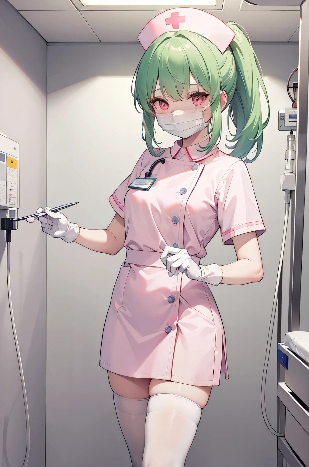 1 girl, alone, nurse, nurse cap, Whiteware, ((white legwear, zettai ryouiki)), white gloves, ponytail, green hair, pink eyes, ((White surgical mask, Covered nose)), Are standing, ((hospital room)), sharp outline, short sleeve, highest quality, masterpiece