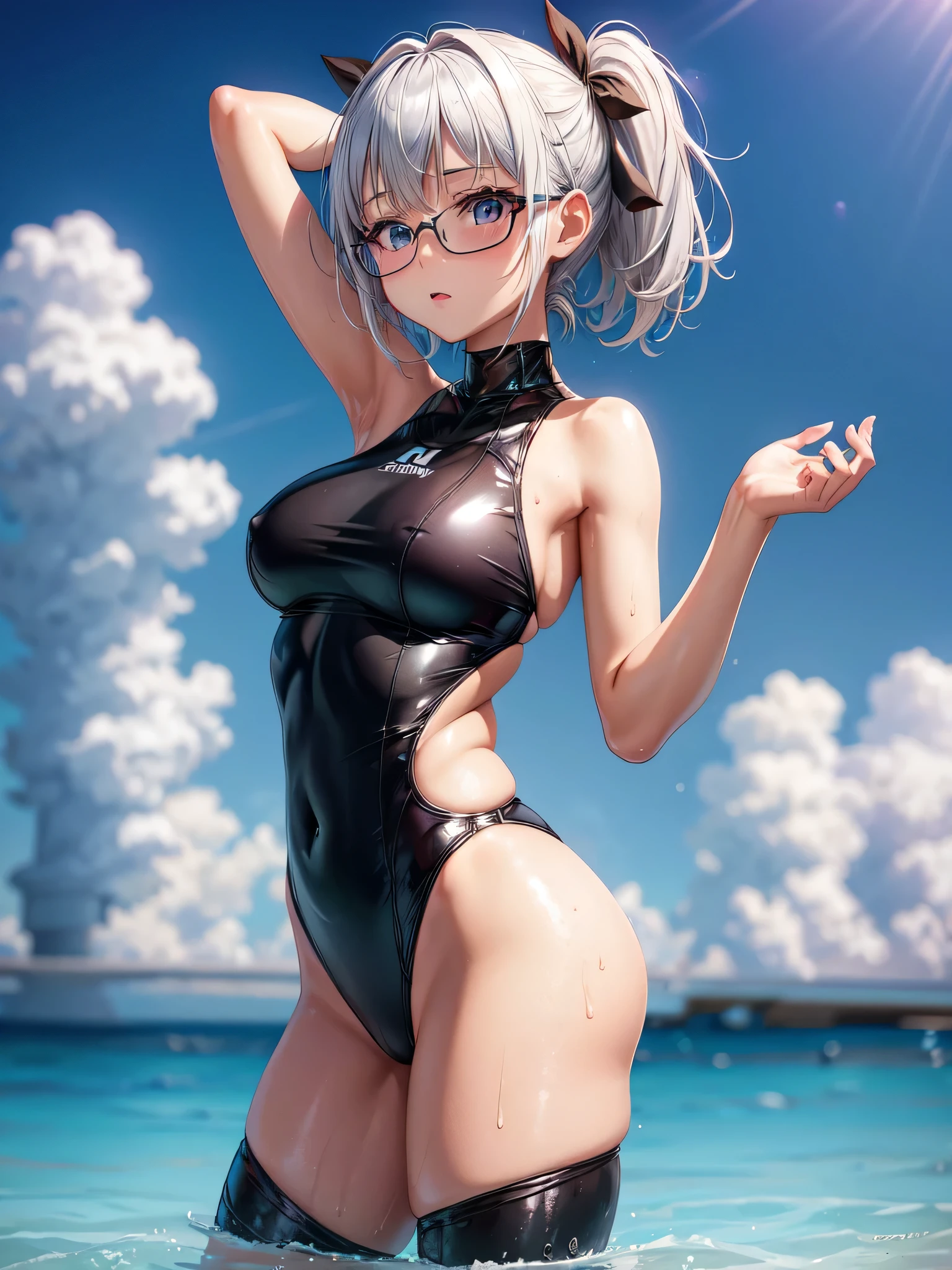 best image quality、8K、UHD、pieces fly、cute eyes、silver hair、Glasses、torn ABS、latex high neck swimwear、latex high neck school swimwear、short hair、短髪のsilver hair美女、wet skin、